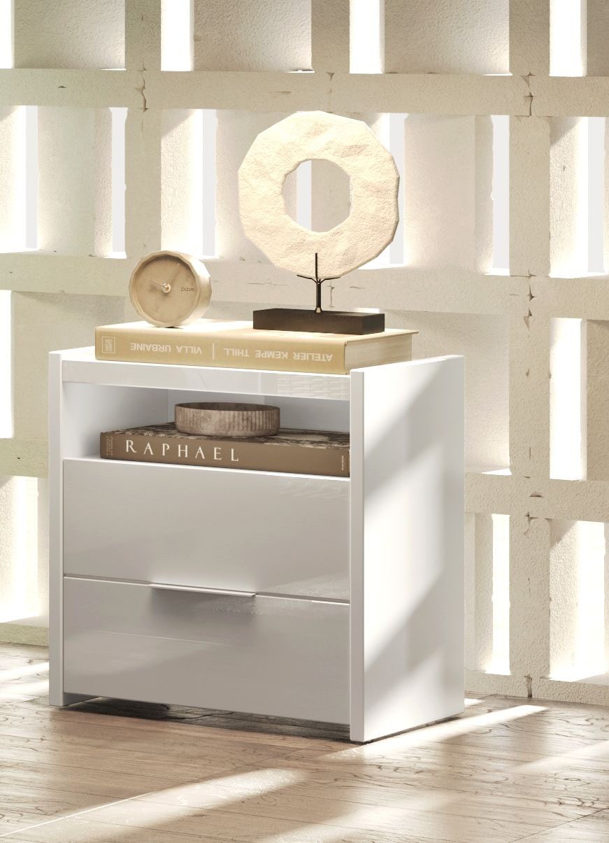 INOSIGN Table de nuit »Malmo, Nachtschrank 2er Set, B/T/H 52/40/58 cm, mit 2 Schubkästen,« Set, 2 Nachtkommoden,  offene Ablage, Top 22 mm stark, Metallgriff, Weiss Hochglanz Lack