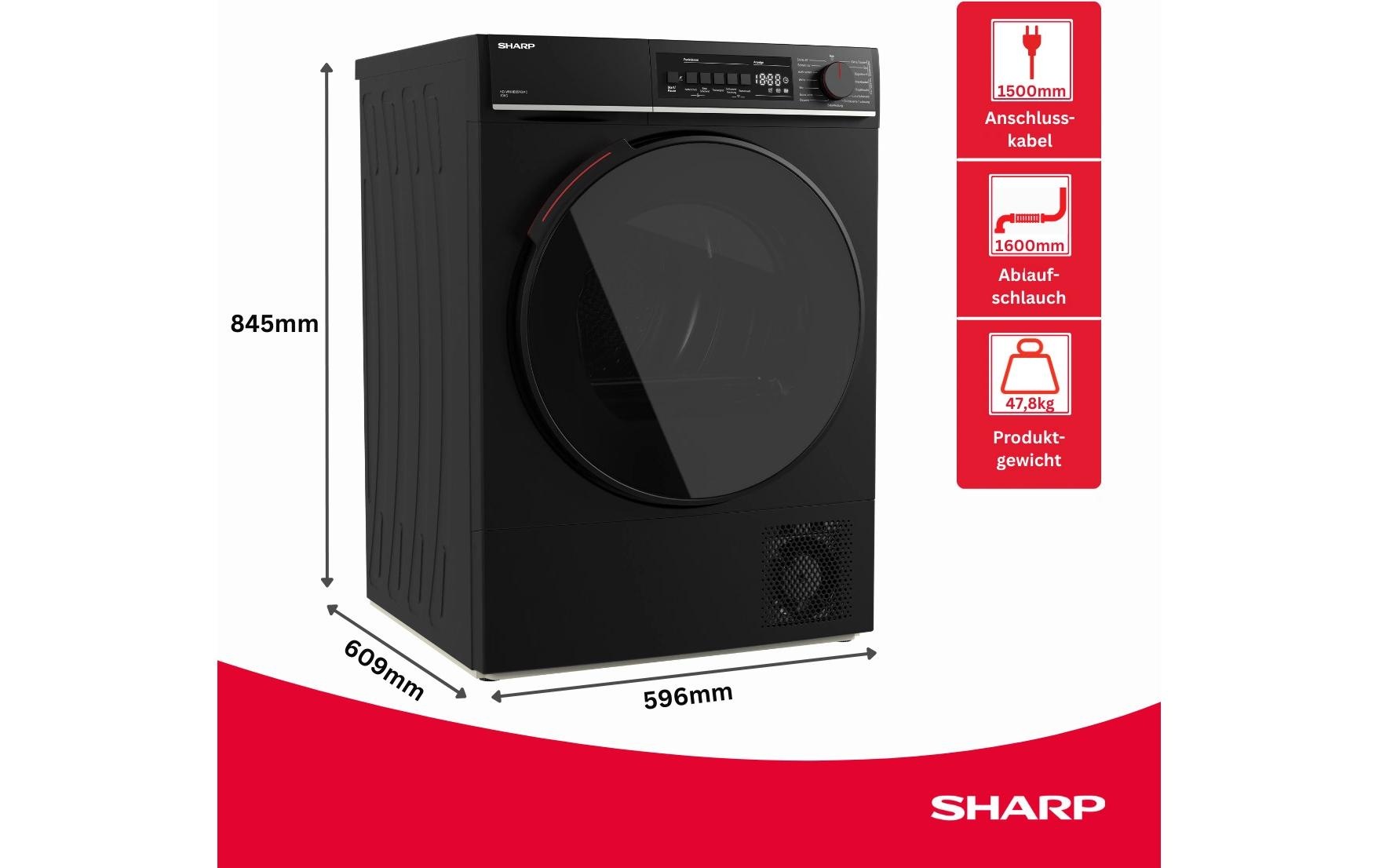 Sharp Lave-linge séchant »KD-WNHB0S9GMC« 64 dB(A) 10kg / +WIFI / EEKC / 2 Tasten / XXL-Tür voll-schwarz / Mat Black