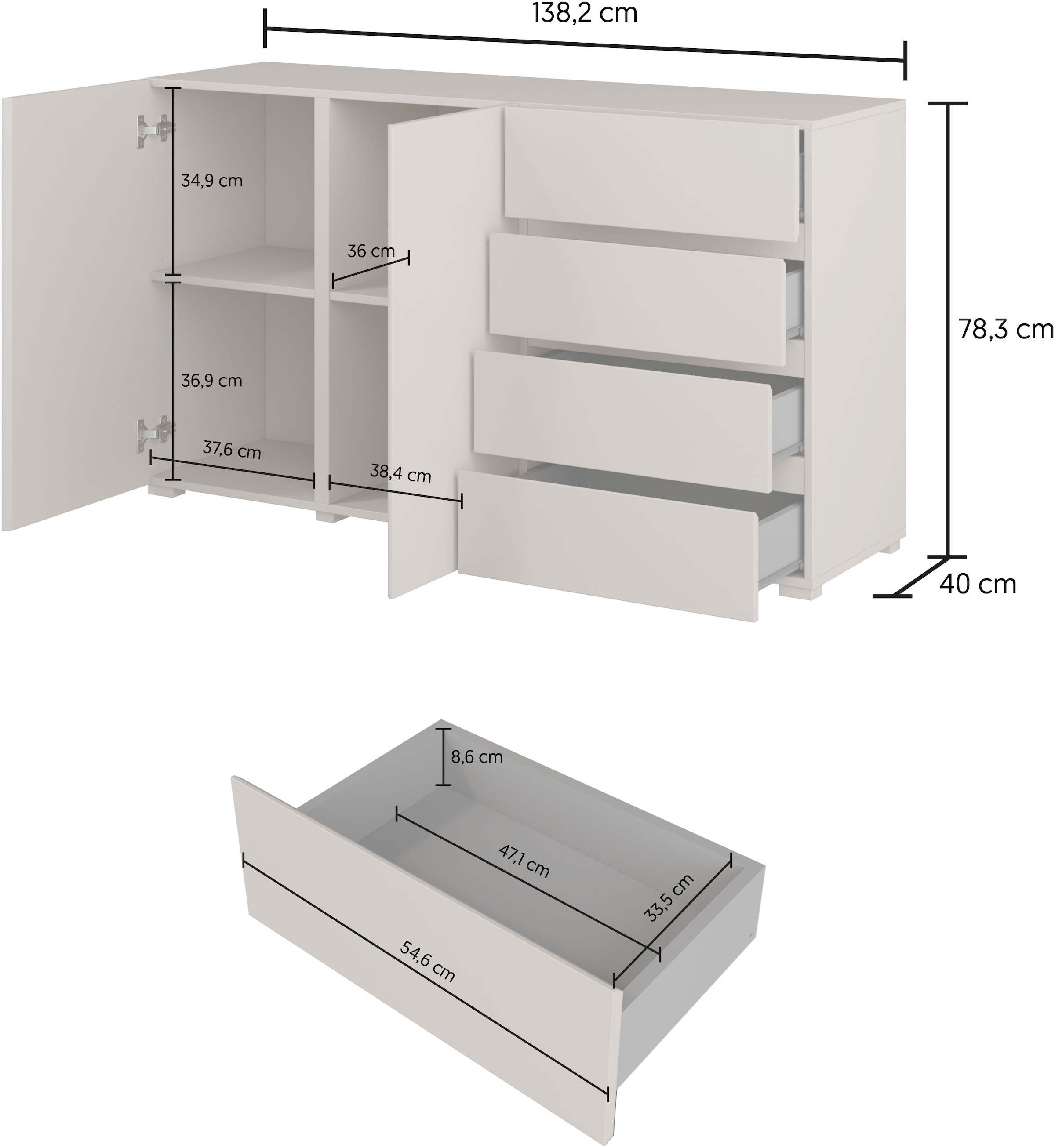 GOODproduct Sideboard »Metric,Breite 138 cm, grifflose Kommode 2 Türen/4 Schubkästen« Schubladenschrank mit viel Stauraum, Einlegeböden verstellbar