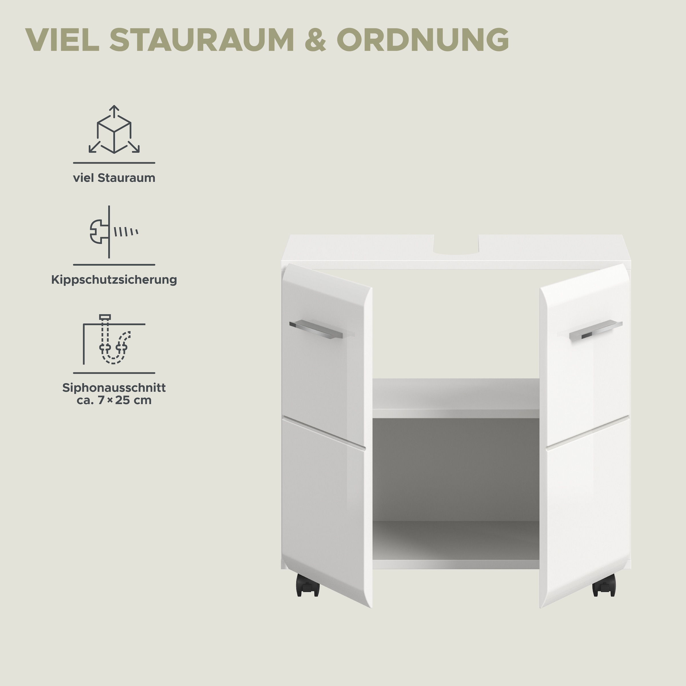 welltime Waschbeckenunterschrank »FLORENZ,  Breite 60cm, inkl. Siphonausschnitt, mit Türen oder Schüben« TOPSELLER!,  hochwertige MDF Front, Griff schwarz, Badschrank, Bad