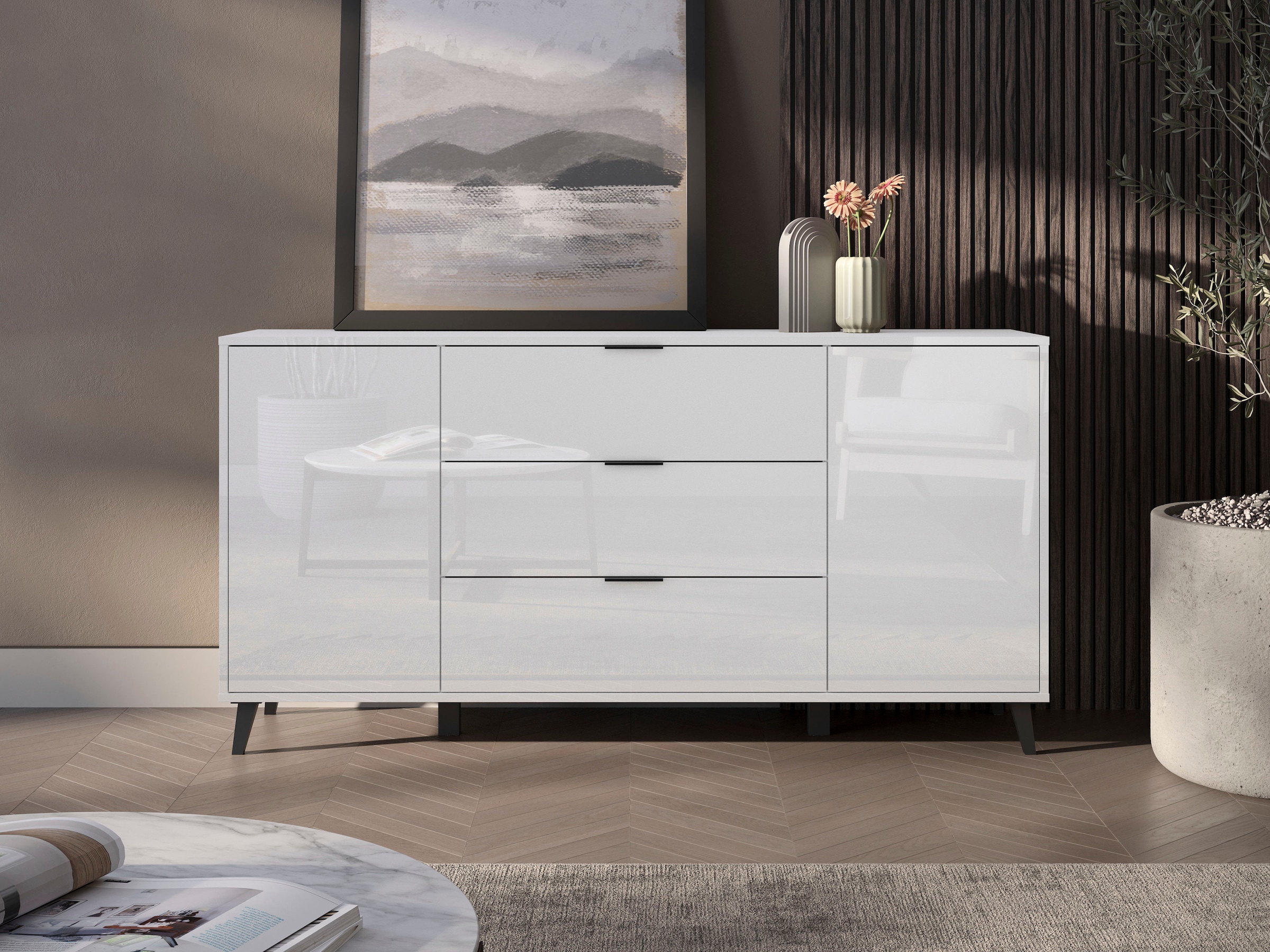 GOODproduct Buffet »Oslo, B/H/T: 150/76/39,5 cm« 3 tiroirs, 2 portes avec ouverture par pression, poignées en métal noires