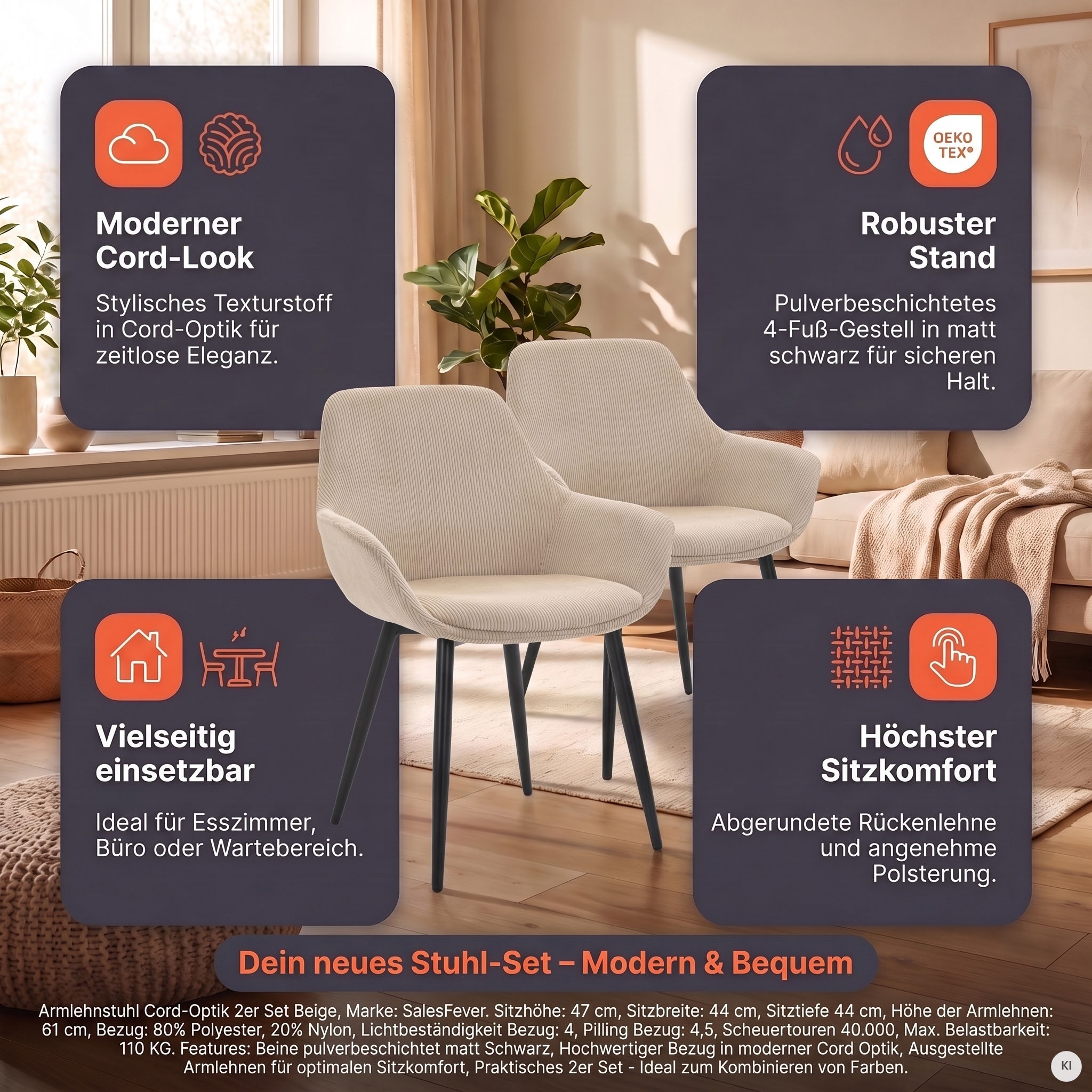 SalesFever Chaise avec accoudoirs »Komfortabler Esszimmerstuhl im zeitlosen Design« (Ensemble) 2 cuisrevêtement aspect velours côtelé