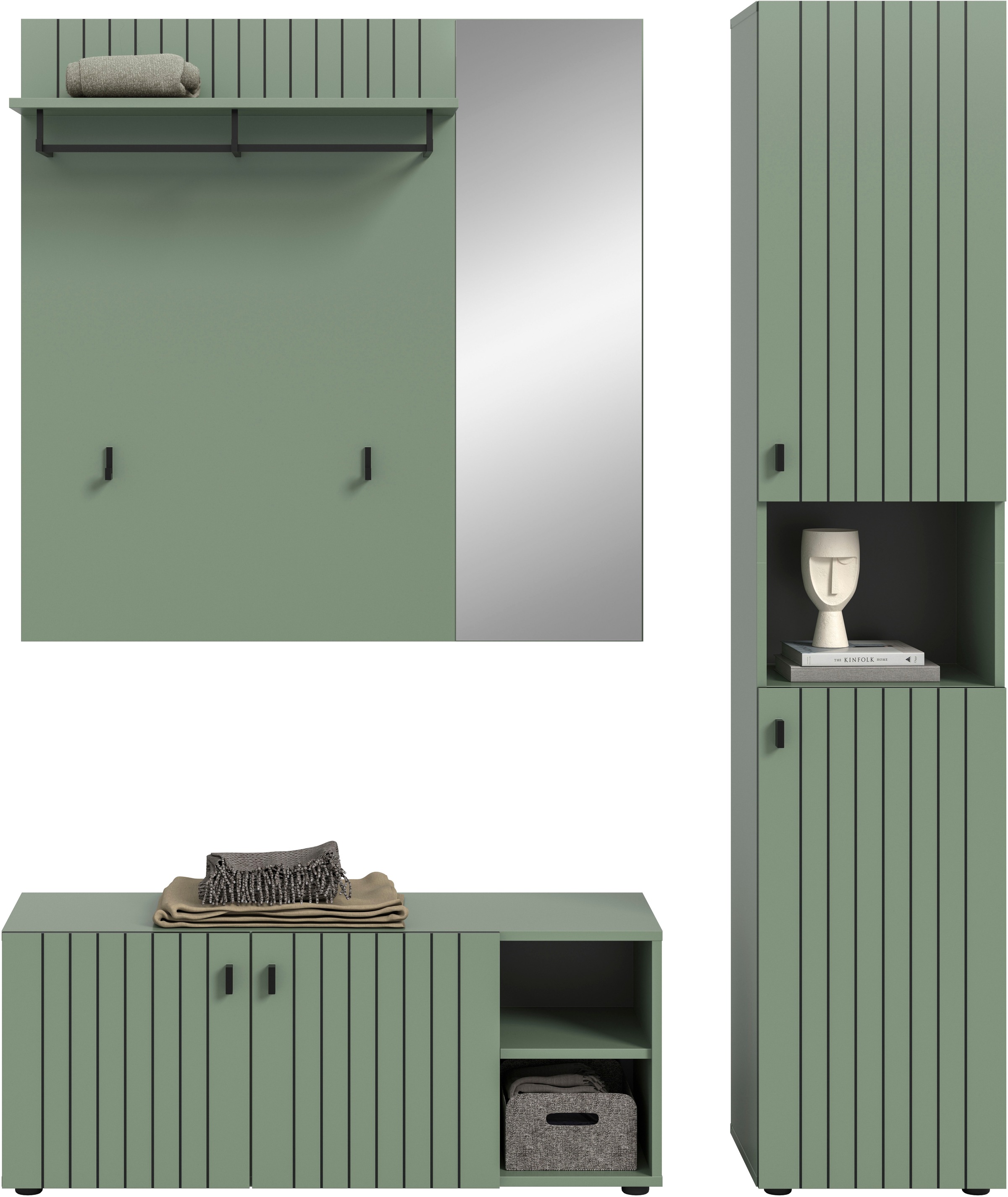 Home affaire Garderoben-Set »TATIO, 3-tlg. Garderobenkombination, Breite: 161 cm, Rillenfräsung« Set, Set, best. aus: 1 Garderobenschrank, 1 Sitzbank, 1 Spiegel, 3 Stk. tlg.