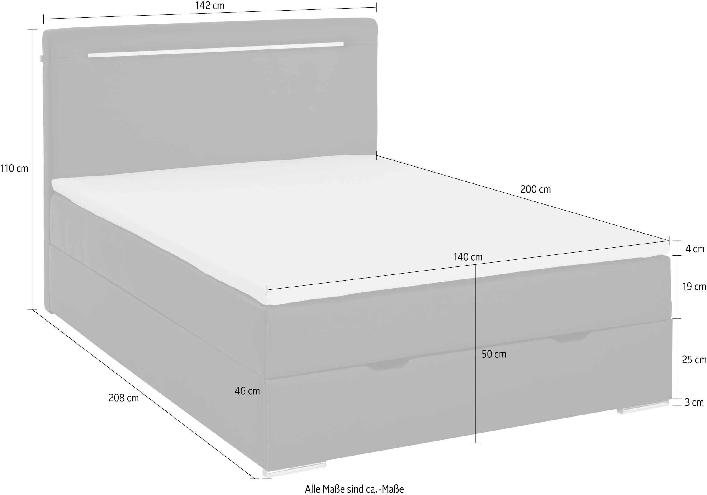 meise.möbel Boxbett »Candela inkl. Bettkasten, Topper & LED-Beleuchtung an Kopfteil & Füssen«