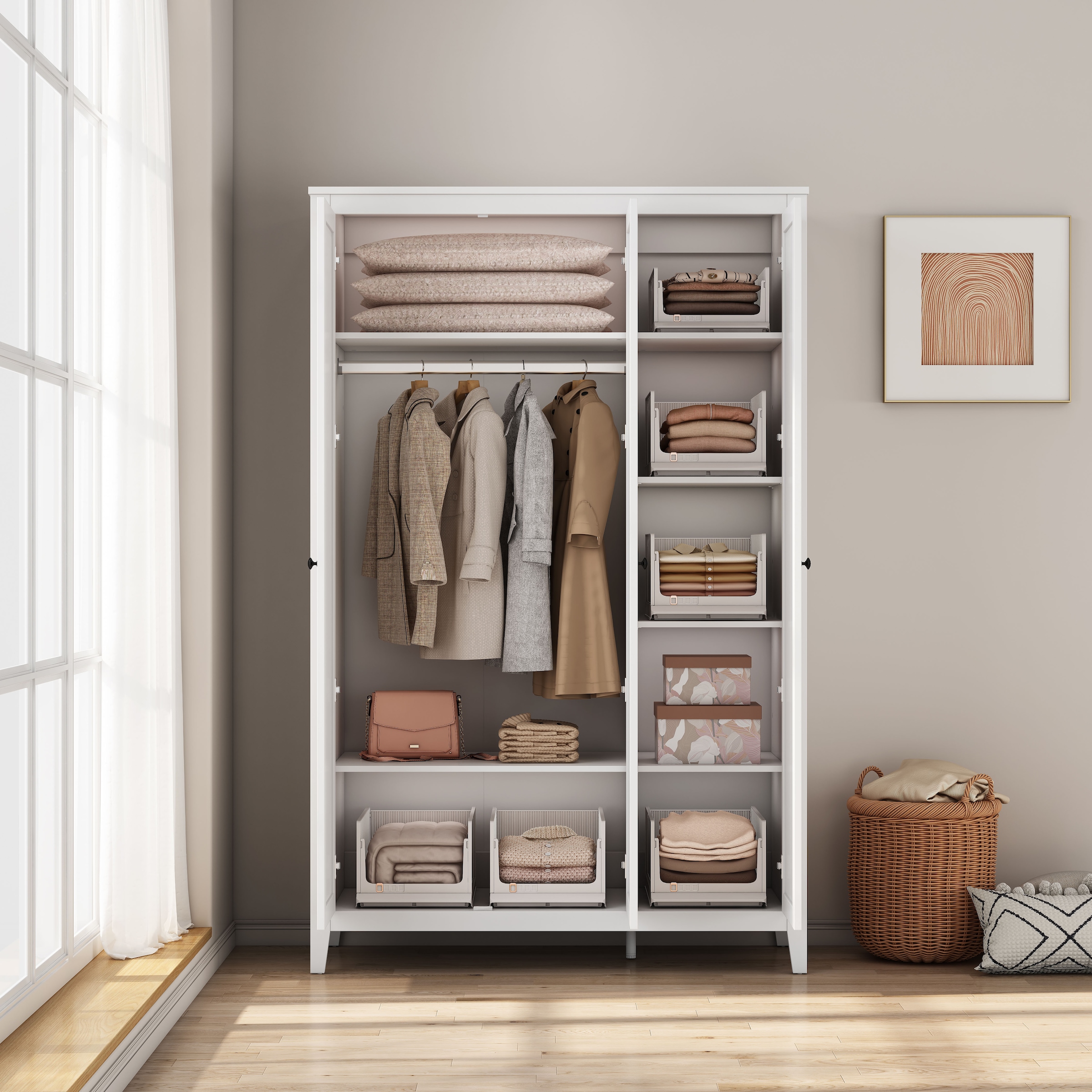 GOODproduct Kleiderschrank »Borkum Sideboard Anrichte mit 6 Schubladen Landhaus weiss« hochwertige schwarze Griffe aus Metall,  Schlafzimmerschrank mit 6 Böden und Kleiderstange, 3 Türen