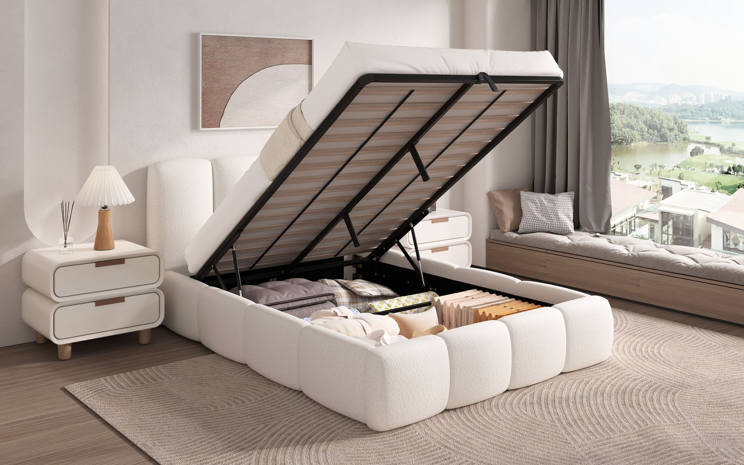 GOODproduct Lit rembourré »MERLINDA, Stauraumbett mit Lattenrost und Bettkasten, Chenille-Bezug« tête de lit et cadre fortement rembourrés, surface de couchage 140x200 / 180x200 cm