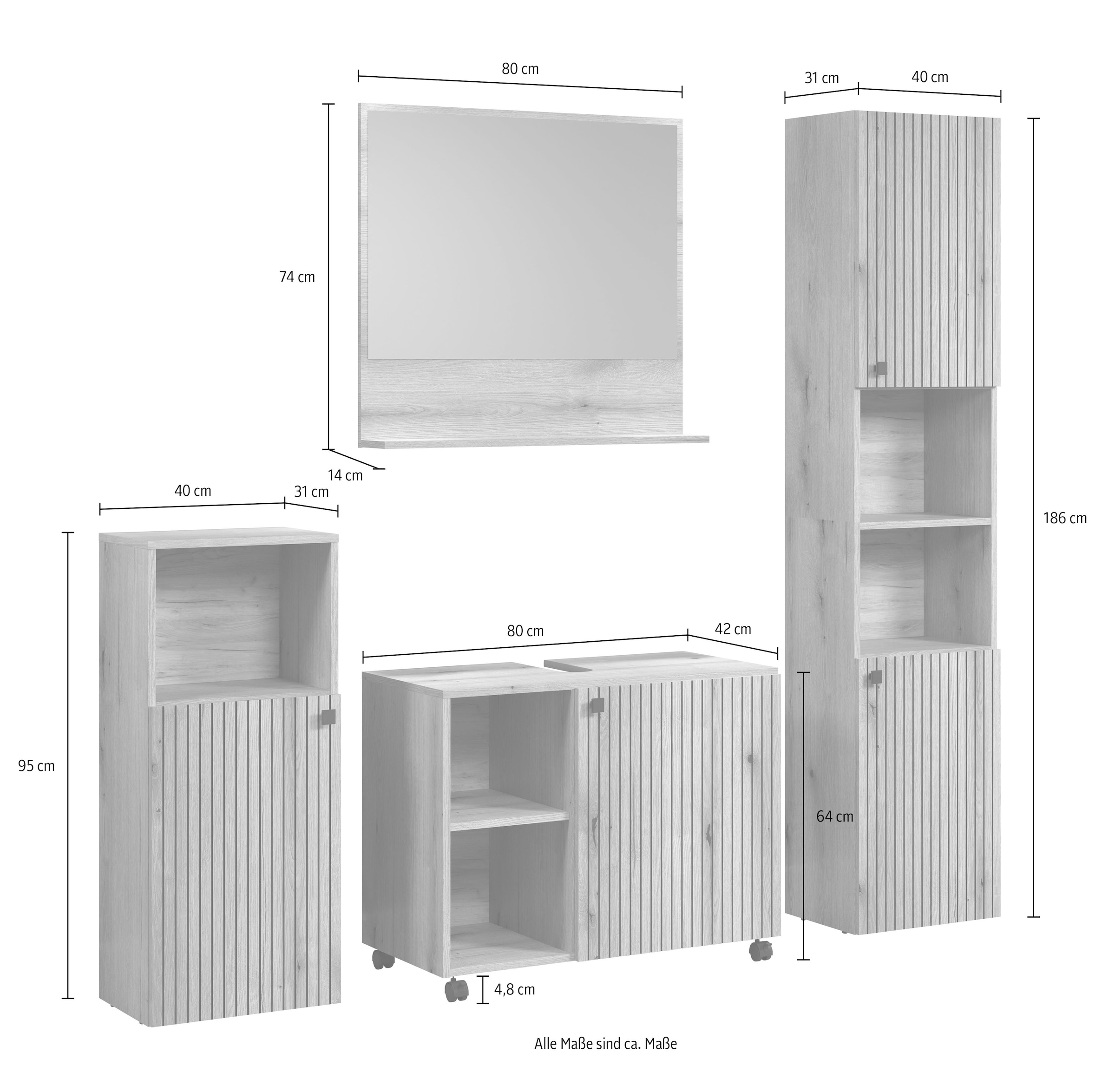 welltime Badmöbel-Set »Amrum Waschbeckenunterschrank Spiegel Hochschrank Badschrank« Komplett-Set, 4 Stk. tlg.