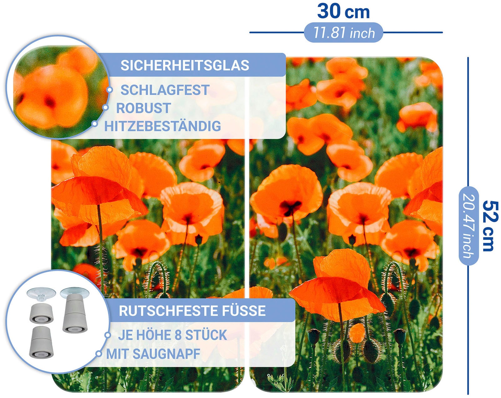 WENKO Herd-Abdeckplatte »Universal Modell Mohnfeld« Herdabdeckung für alle Herdarten, kratzfest, mit rutschfesten Füssen