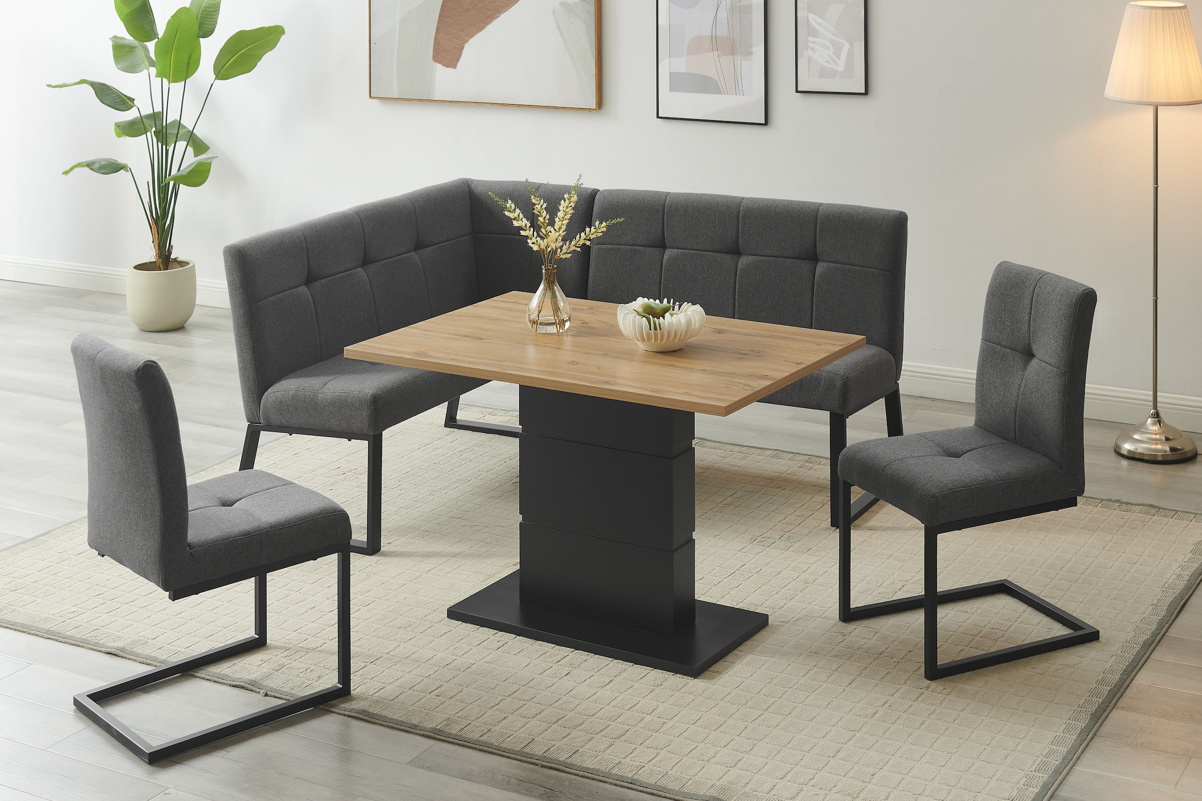 GOODproduct Ensemble de bancs d'angle »Geranie, Sitzgruppe, Eckbank inkl. Stauraum, Esstisch, 2 Freischwinger« Set, Eckbank inkl. Stauraum wahlweise links und rechts montierbar, 4 pièces tlg. mit und ohne Stauraum wählbar