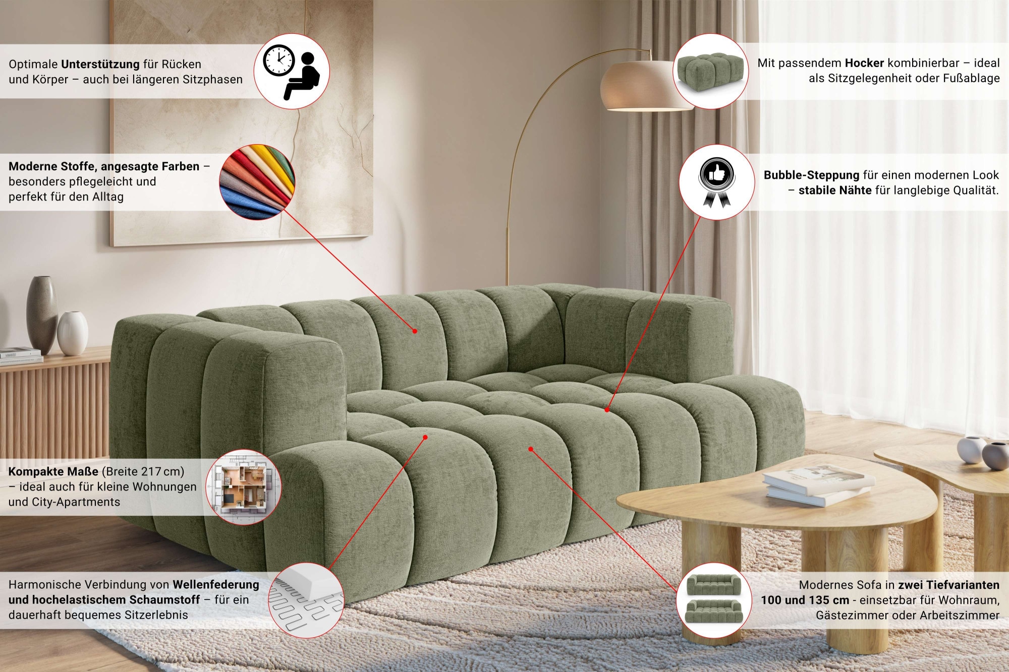 homsy by Ana Johnson 3-Sitzer »»XL« BOUBELLE Design-Sofa extra tief, Bubble-Optik, Breite 217 cm« hoher Sitzkomfort dank Wellenunterfederung,  XL Sitztiefe 100 cm