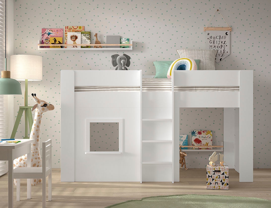 Vipack Hochbett »Reno, ein tolles Hüttenbett mit hoher Standfestigkeit, weiss lackiert« B/H/T ca. 206x120,1x105cm, Leiter mittig, Fenster und Absturzschutz,  inkl. Rolllattenrost, Rückseite offen und Spielfläche unter dem Bett