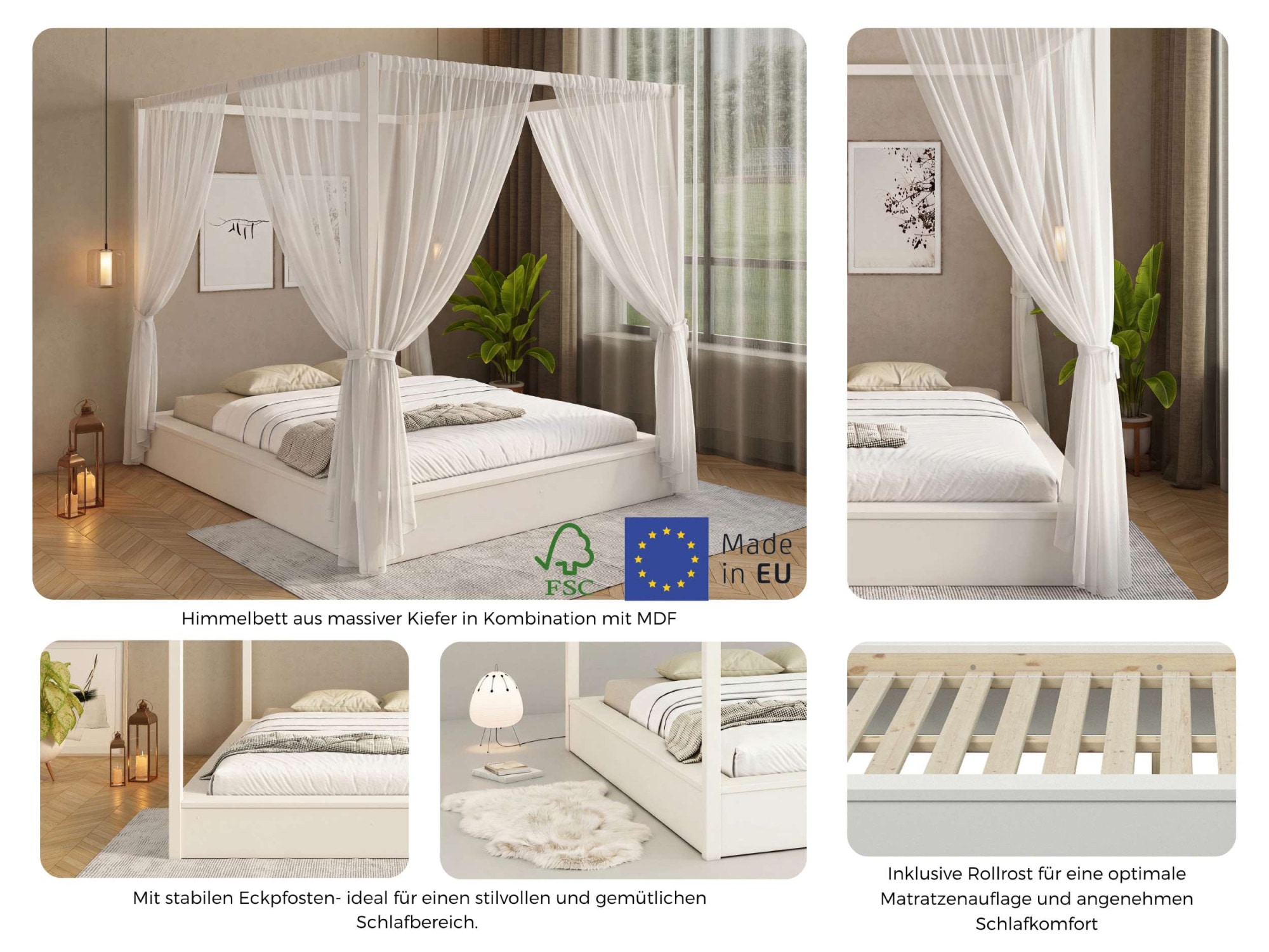 GOODproduct Himmelbett »Usella, Bett, Bettgestell, hohe Belastbarkeit bis 180 kg« B/T/H: 189/229,1/200 cm,  aus massiver Kiefer in Kombination mit MDF, inklusive Lattenrost