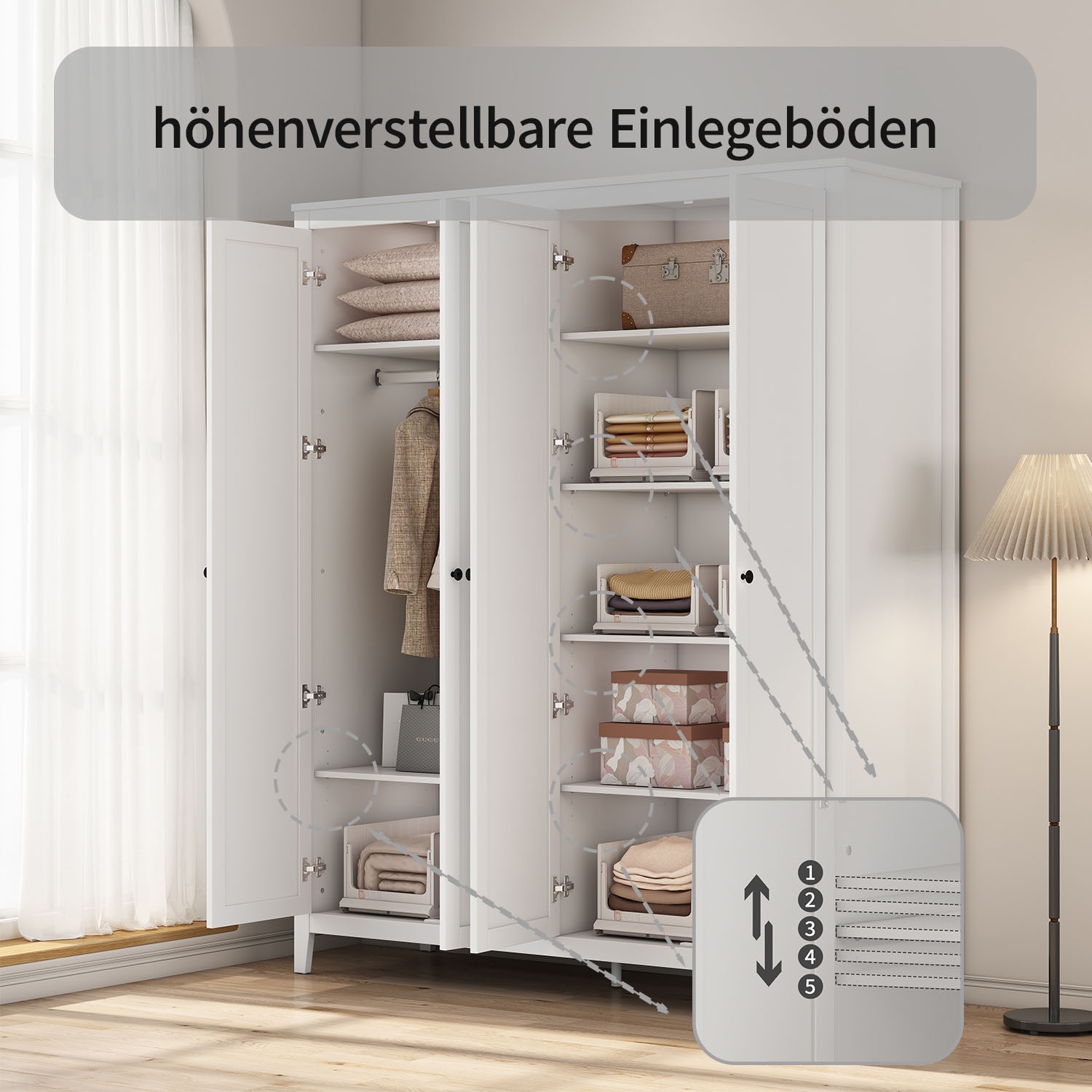 GOODproduct Kleiderschrank »Borkum Sideboard Anrichte mit 6 Schubladen Landhaus weiss« schwarze Griffe aus Metall,  Schlafzimmerschrank mit 6 Böden und Kleiderstange, 5 Türen