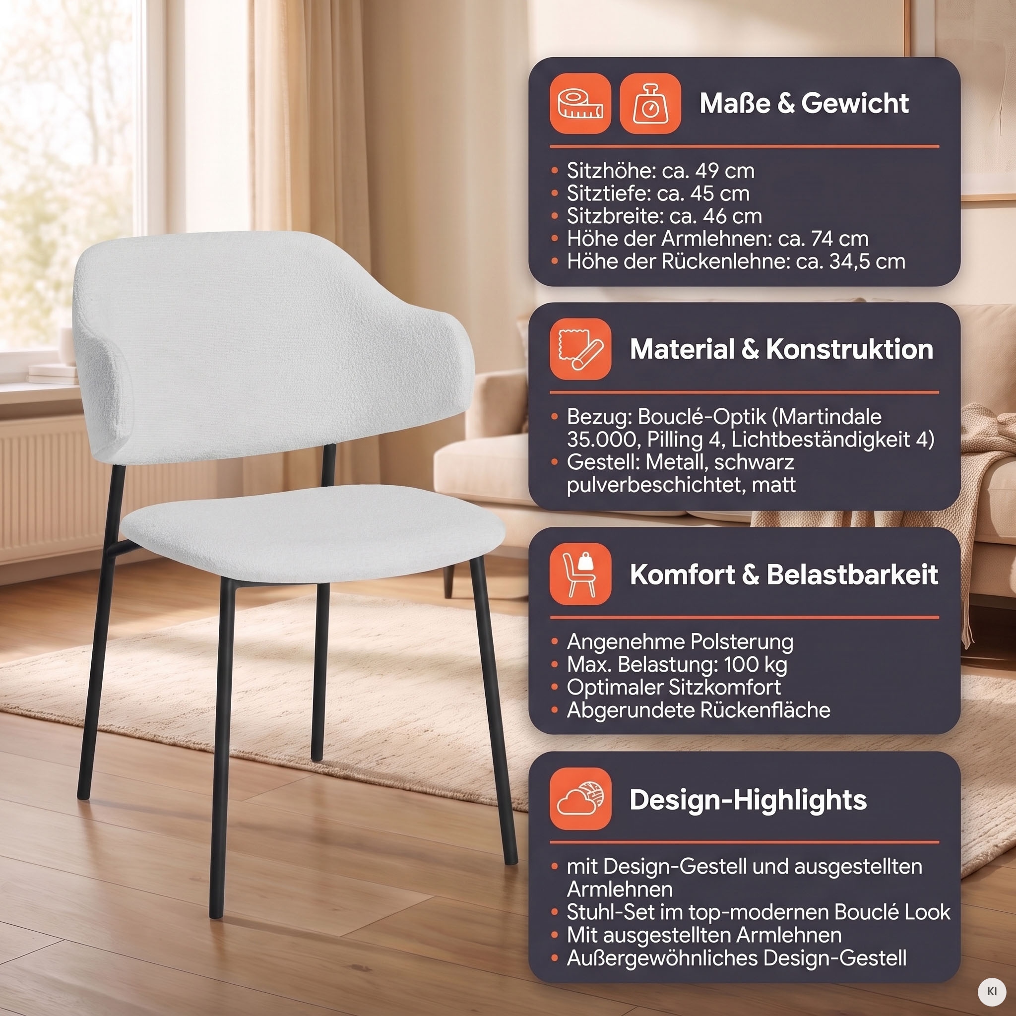 SalesFever Chaise avec accoudoirs »Komfortabler Esszimmerstuhl mit Stil« (Ensemble) 2 cuisset de 2 : structure design avec accoudoirs évasés