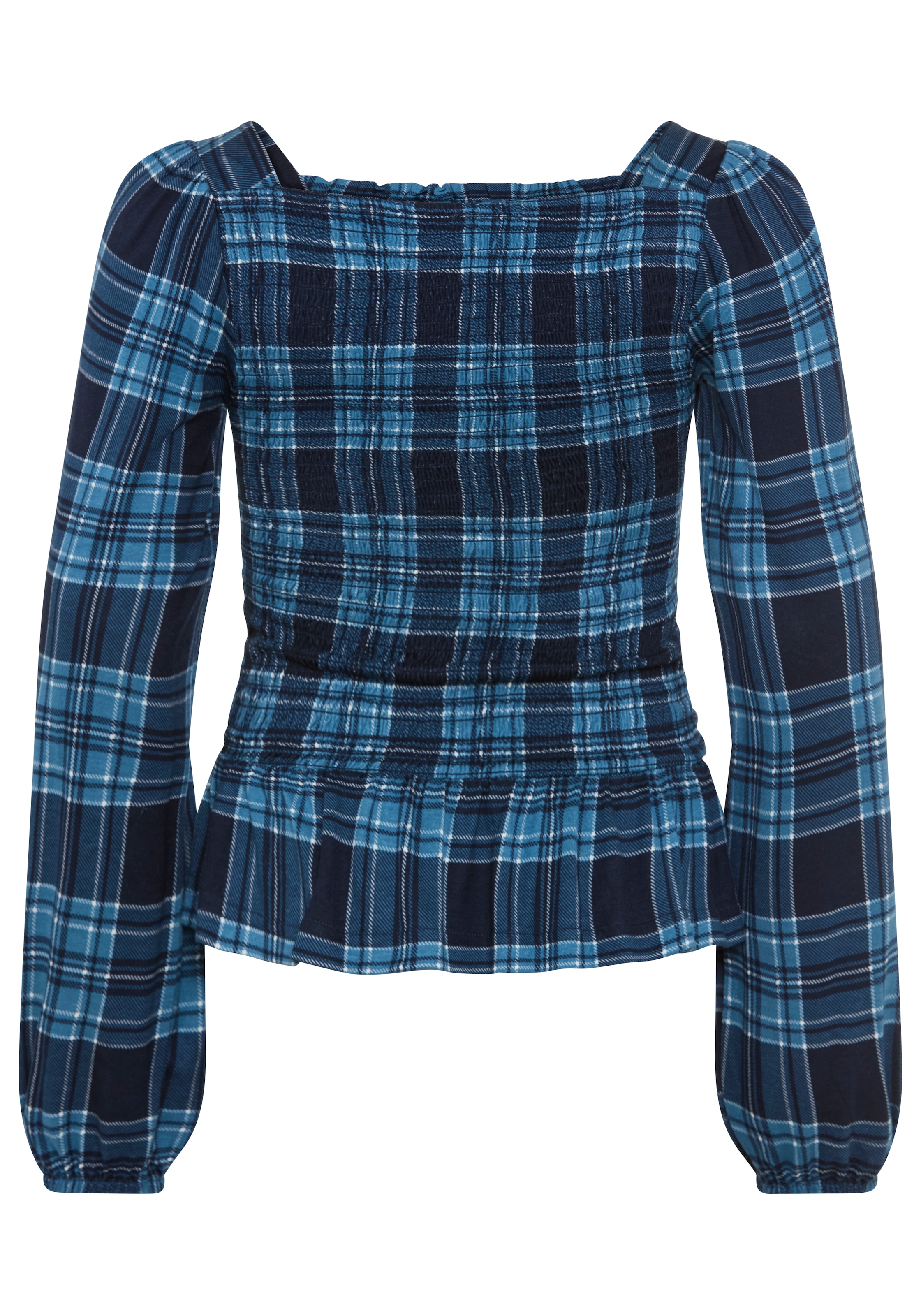 KangaROOS T-shirt à manches longues »Kariertes KangaROOS Viskose-Shirt mit Smoke-Partie« T-shirt en viscose doux avec manches bouffantes, à carreaux, bas smocké