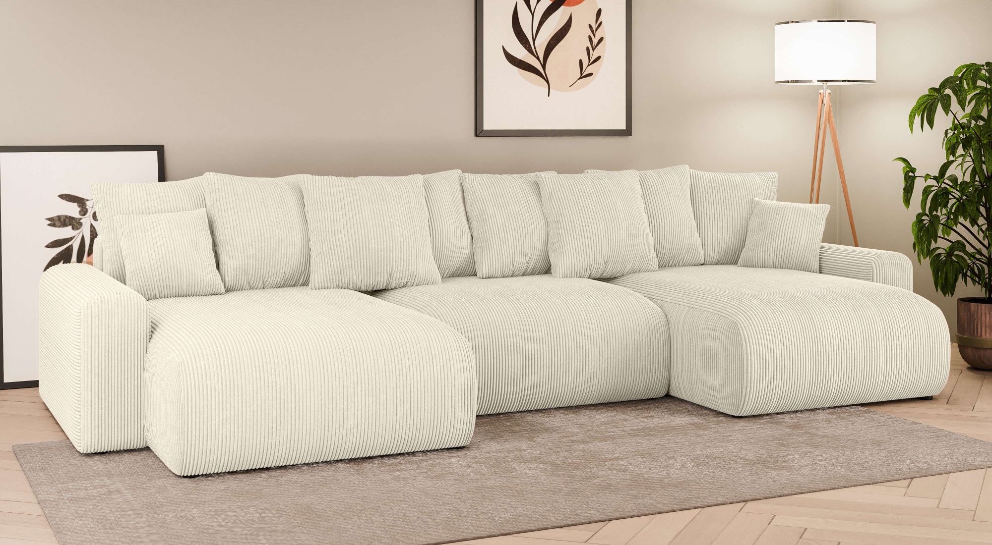 Home affaire Wohnlandschaft »LAKESIDE mit Bettfunktion und Bettkasten, Masse B/T/H: 332,5/142/84 cm« U‑Form mit vielen Kissen und Wellenunterfederung