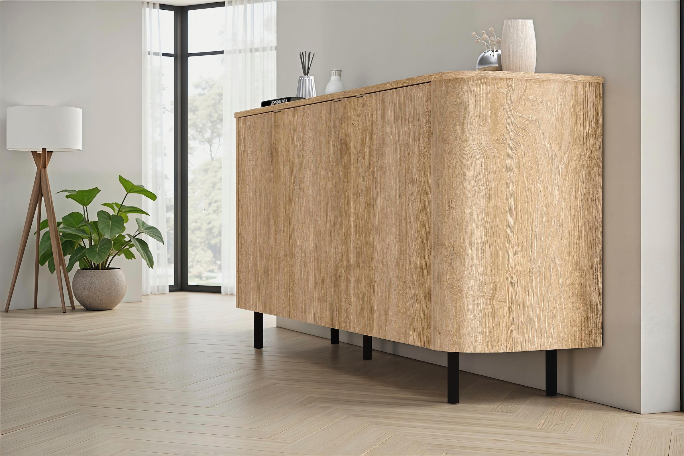 Home affaire Sideboard »Murano, 181 cm breit, 3 Türen, Anrichte, Kommode, Stauraumschrank« Formgebogenes MDF, Stirnseiten mit Rundung, Füsse und Griffe aus Metall