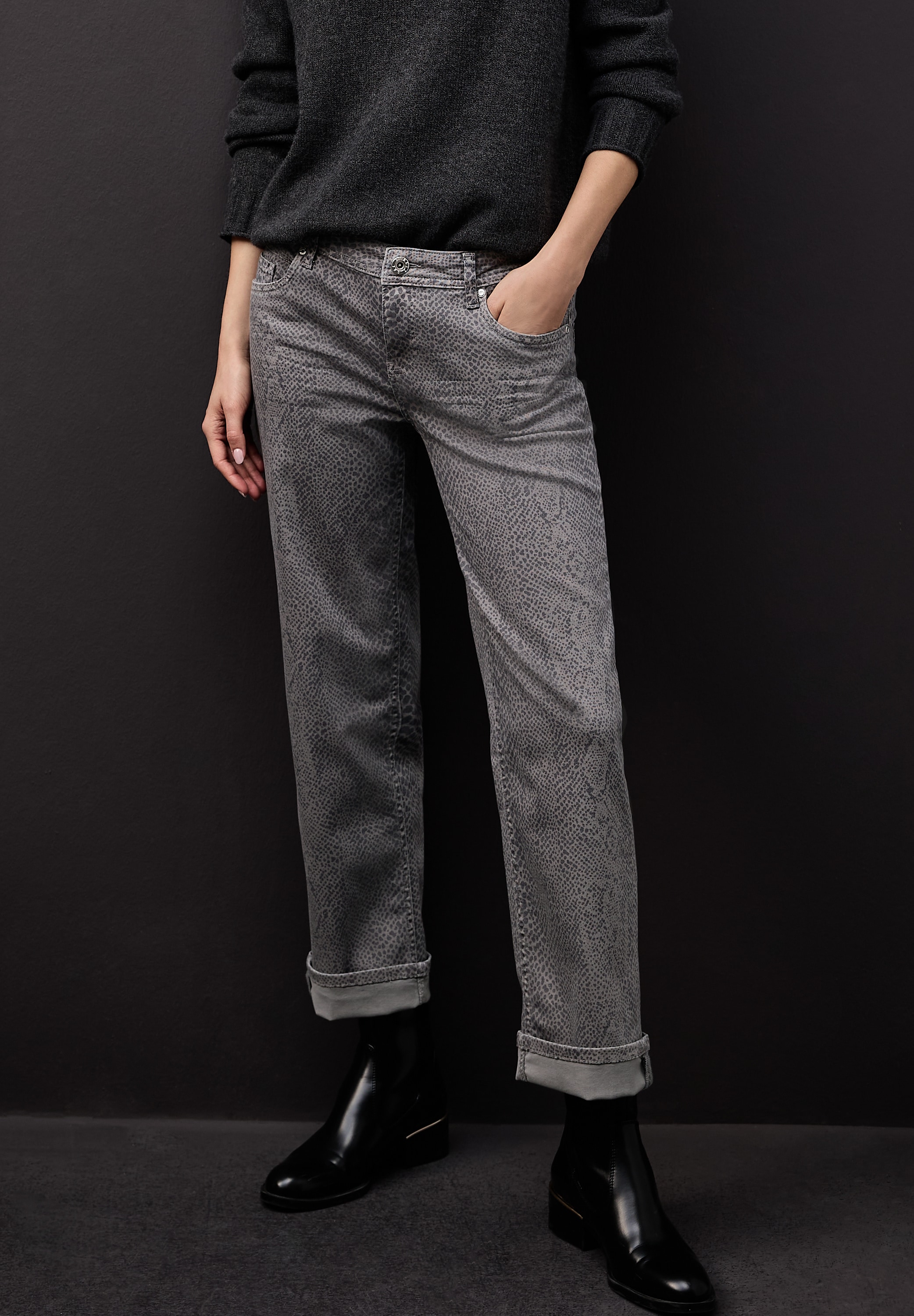 STREET ONE Jeans à 5 poches Graue Waschung, trendiger Snake Print