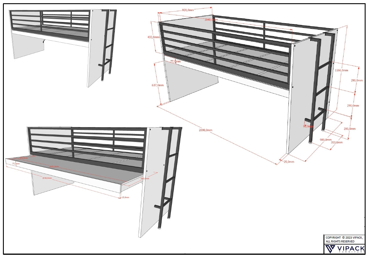 Vipack Hochbett »Sam, schlafen und arbeiten in einem, wahlweise Eiche- oder Weiss-Dekor« Liegefläche 90x200 cm, darunter eine grosse ausziehbare Schreibplatte,  Inkl. Absturzschutz u. Leiter, pflegeleichte Dekor Oberfläche