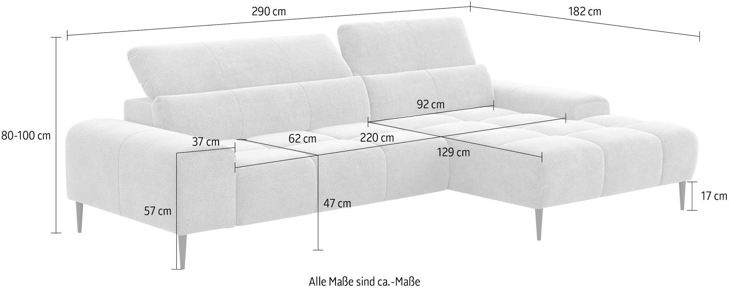 COTTA Canapé d'angle »Theo L-Form, B: 290 cm« mit Kopfteilverstellung, optional Sitztiefenverstellung