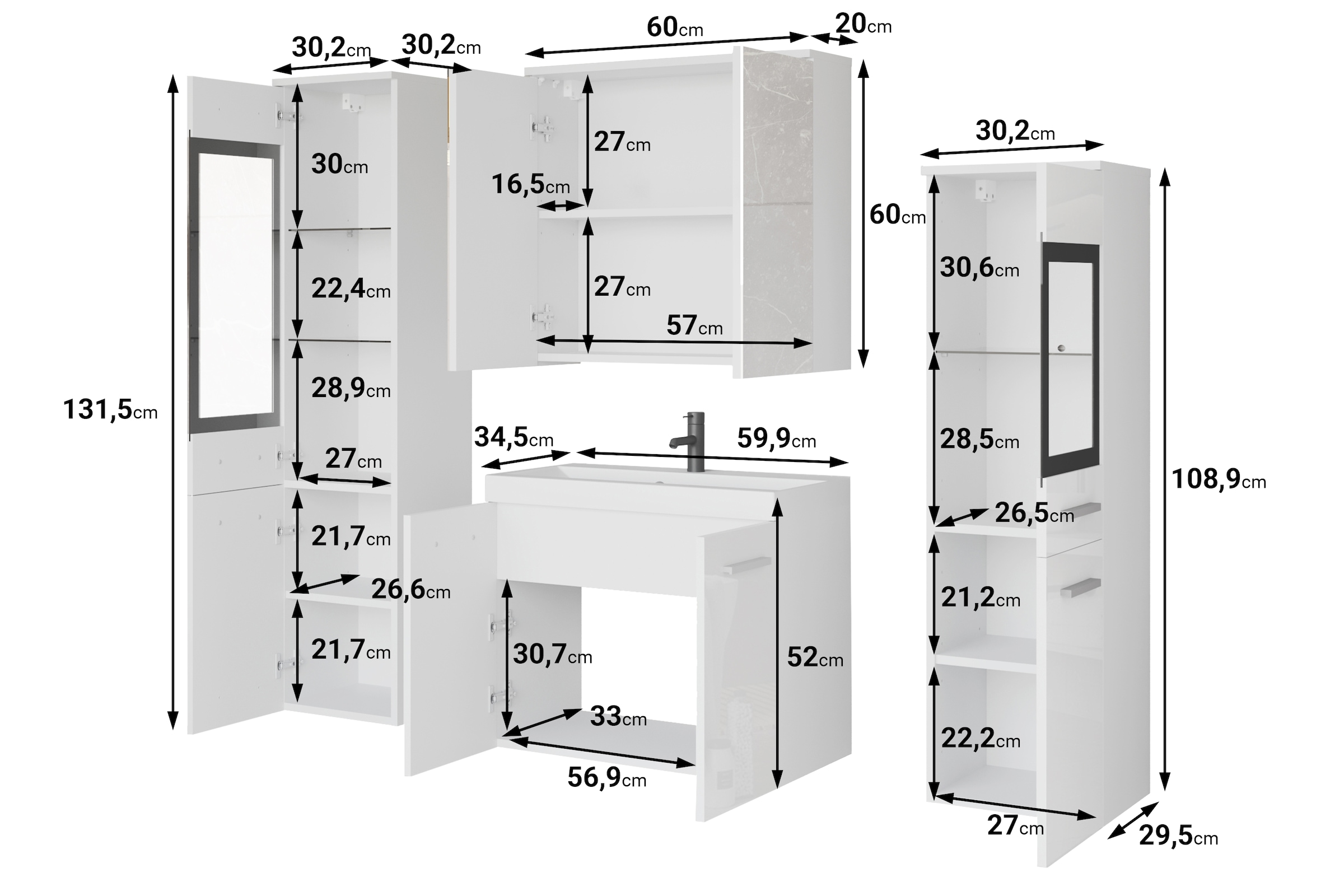 welltime Badmöbel-Set »MADRIT II, Schrank mit Waschbecken, 2 Hänger, Spiegelschrank« Komplett-Set, 5 Stk. tlg.
