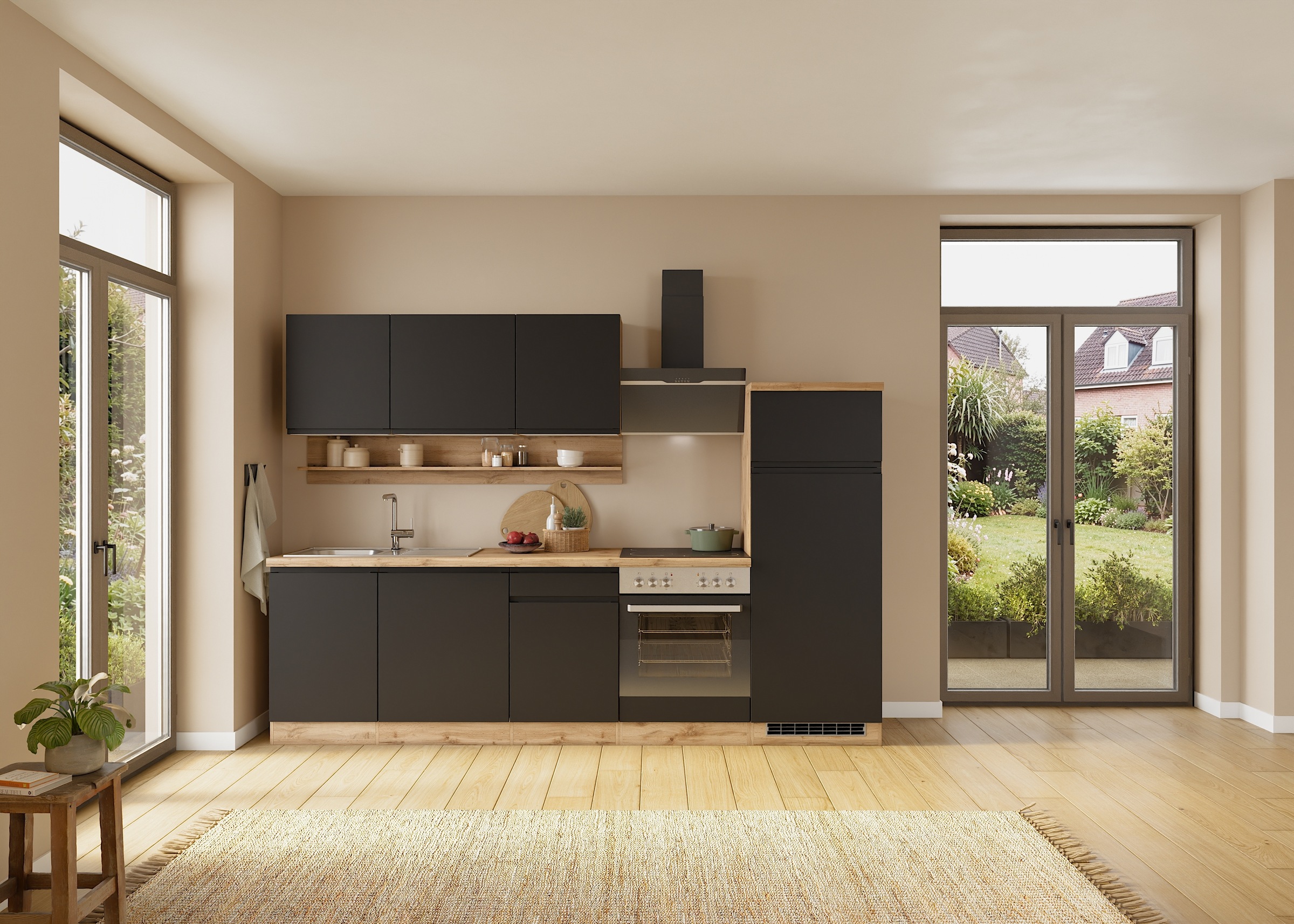 KOCHSTATION Kitchenette »KS-Virginia,neu in verbesserter Ausführung« plan de travail épaisseur 38 mm, rangement, fermeture douce,  Largeur 280 cm, fermeture douce, avec ou sans appareils électriques