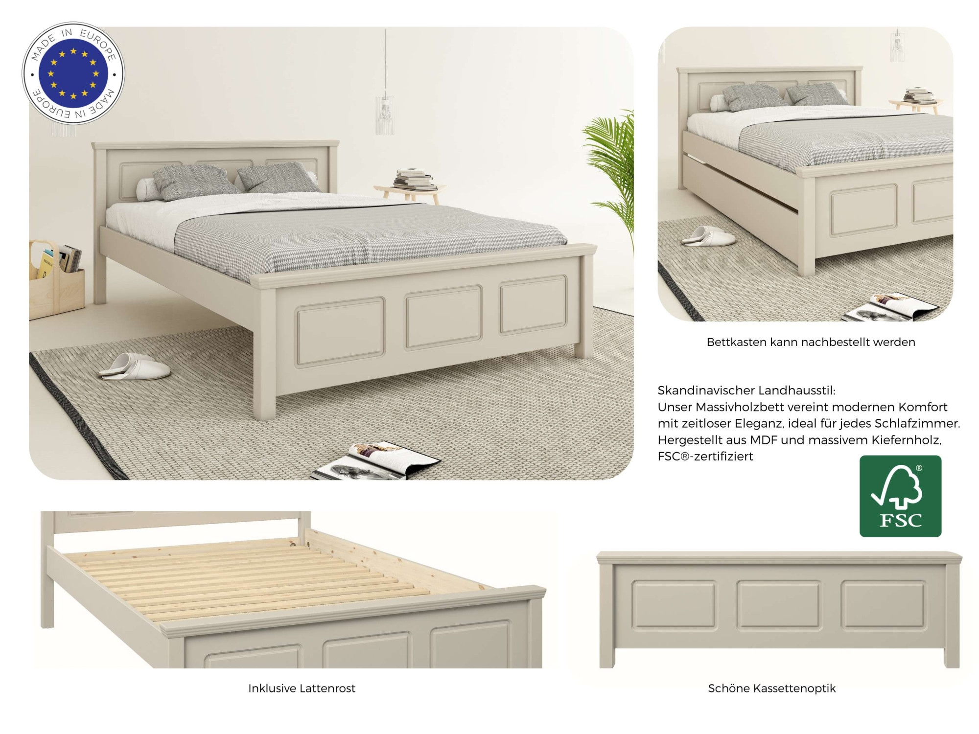 GOODproduct Massivholzbett »ERIKK' , Made in Europe, optional mit Schublade, Massivholz Kiefer« FSC® zertifiziert,  in mehreren Grössen, Landhausstil mit Kassettenoptik