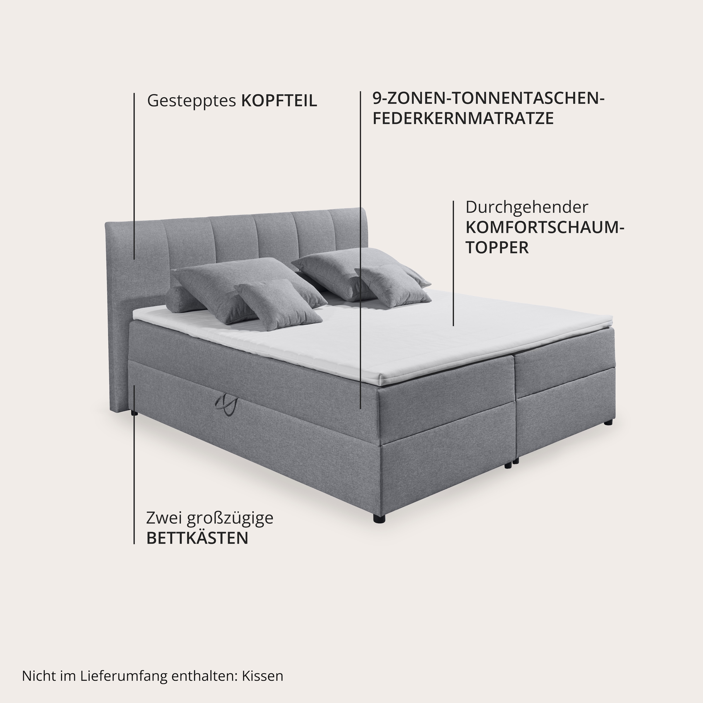 ED EXCITING DESIGN Boxbett »GRANADA, Polsterbett mit Bettkasten und Taschenfederkernmatratze H3« mit Komfortschaum-Topper, Webstoff-Bezug, Liegefläche 180x200cm