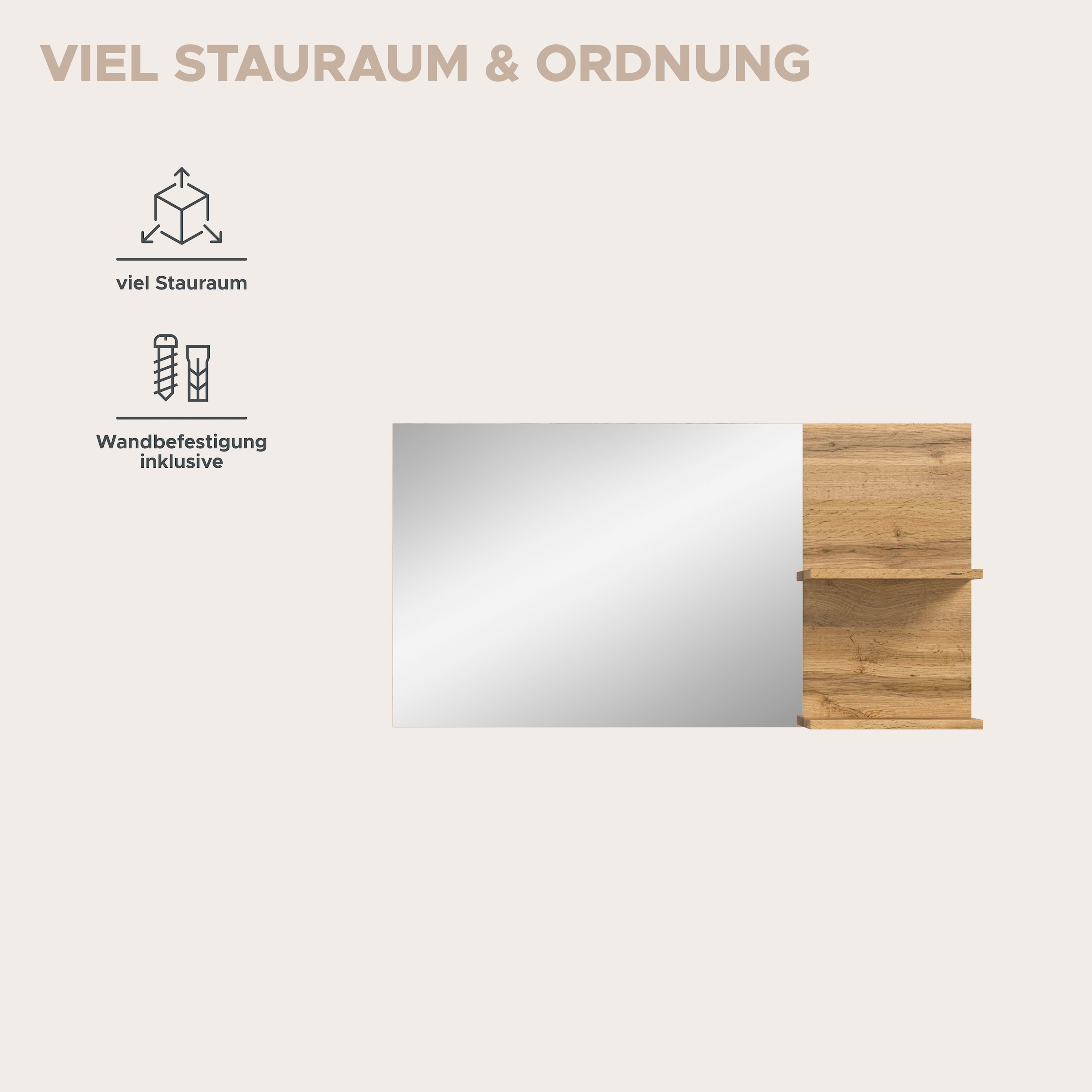 GOODproduct Miroir »MAMBO II, Breite 99cm, 2 Ablageböden, grosse Spiegelfläche« miroir de vestibule, couloir, entrée, miroir avec tablette, panneau miroir
