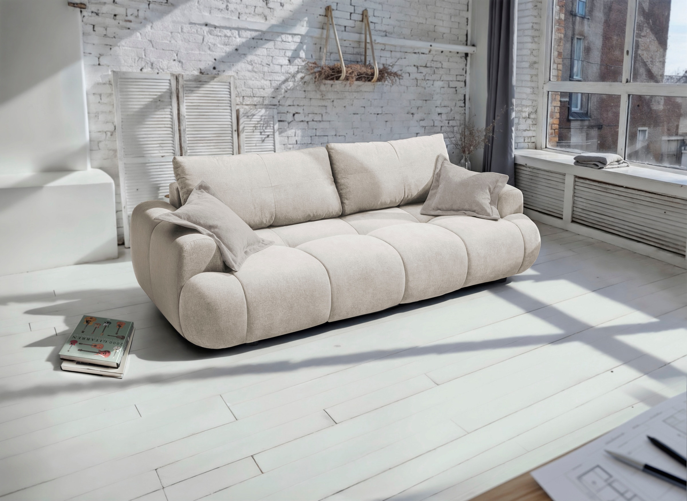 exxpo - sofa fashion 3-places »Alessano, 254 cm breit, modern & gemütlich« Verlässliche Qualität, inkl.Bettfunktion, Bettkasten, 2x Plaidskissen