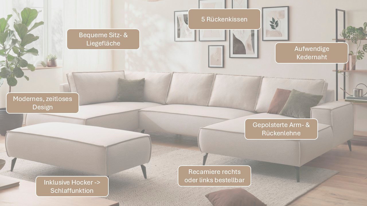 Home affaire Paysage de salon »mit Hocker, TVINNU, moderne U-Form in Cord oder Leinenoptik« Recamiere rechts/links, stellbar zum Schlafsofa (Krokodilverbinder)