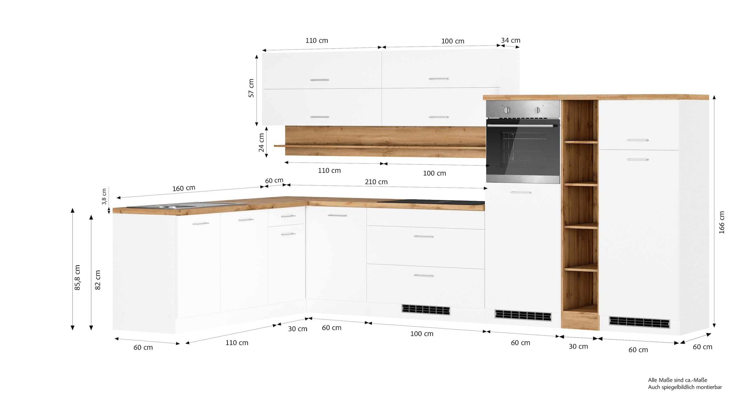 KOCHSTATION Winkelküche »KS-Milan, optional mit Muldenlüfter« Stellbr.360/220 cm, wahlweise mit E-Geräten, Kochfeld mit Dunstabzug