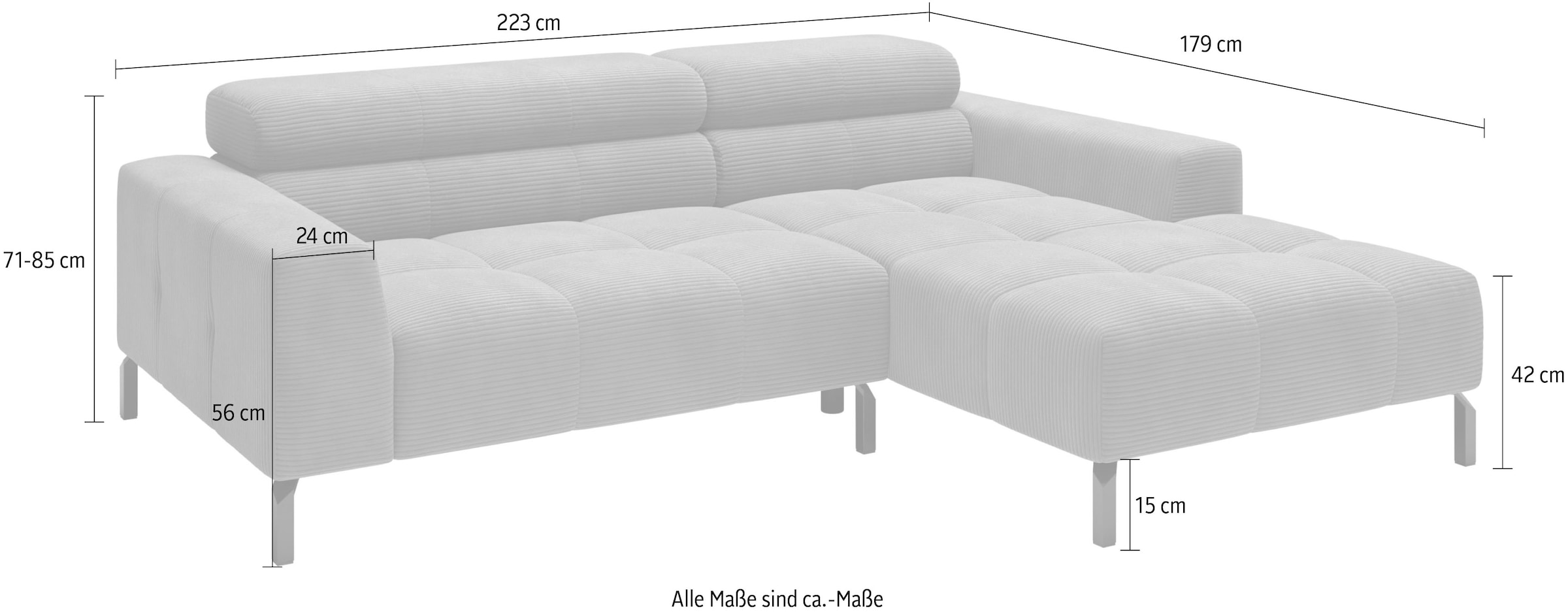 Home affaire Canapé d'angle »Claya, 223 cm breit, L-Form, Kopfteilverstellung« Matelassage moderne, rembourrage doux & hauteur adaptée aux robots aspirateurs