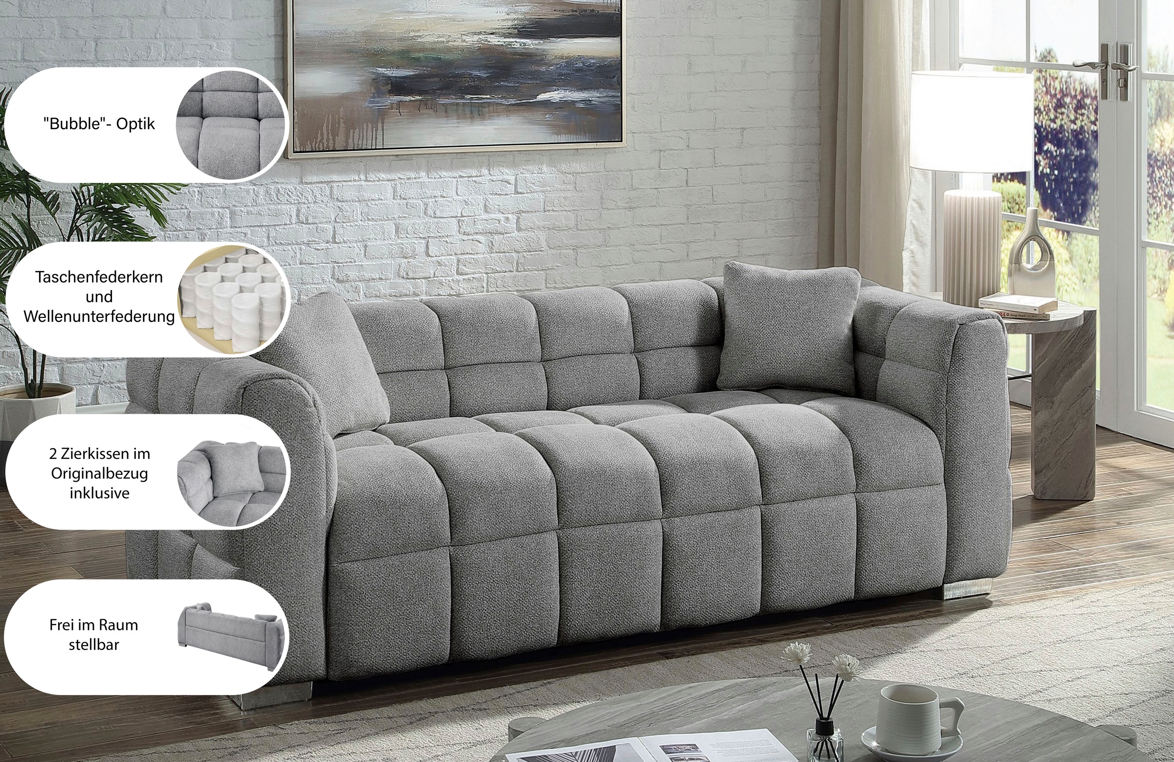 ATLANTIC home collection Canapé Big »Thor Design-Sofa mit Steppung, Bubble-Optik, B:190cm« "Bubble"-3D Optik Sofa mit Taschenfederkern, inkl. Zierkissen