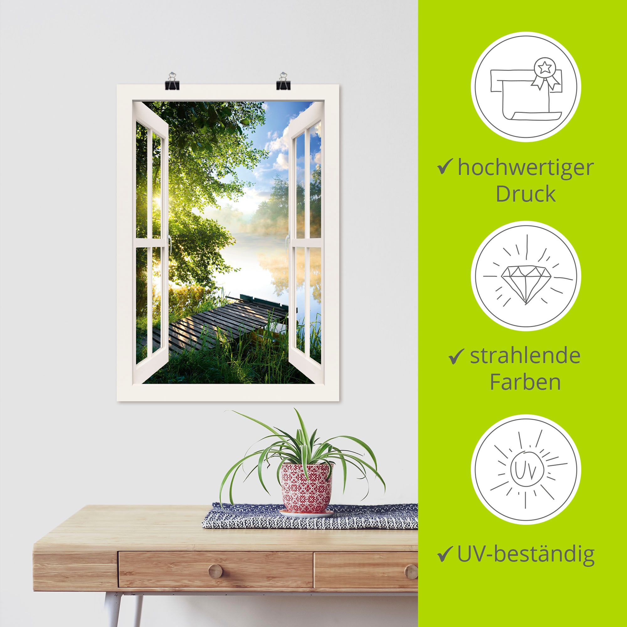 Artland Wandbild »Fensterblick Angelsteg am Fluss« Fensterblick 1 Stk. tlg. als Alubild, Leinwandbild, Poster in verschied. Grössen
