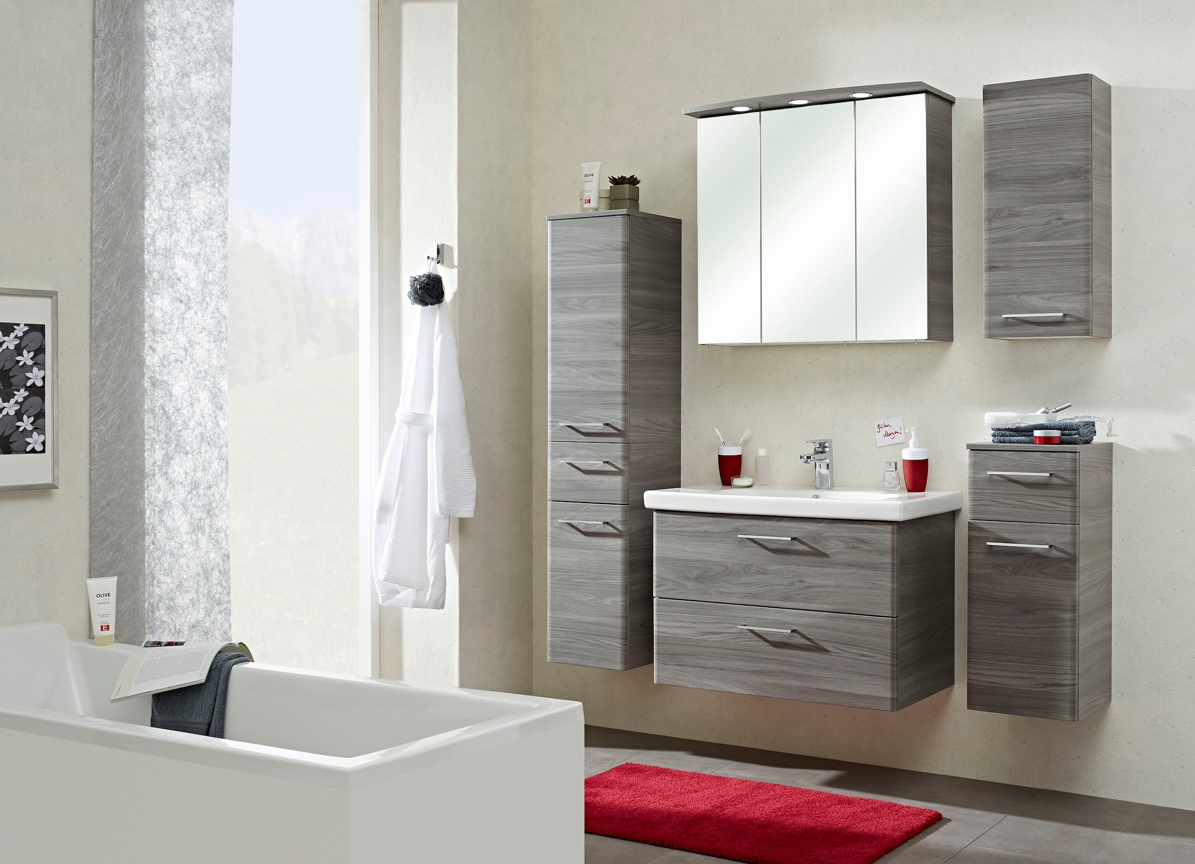 Saphir Hängeschrank »Quickset 916 Wand-Badschrank 30 cm breit mit 1 Tür, 2 Einlegeböden« Badezimmer-Hängeschrank Sangallo Grau quer Nachbildung