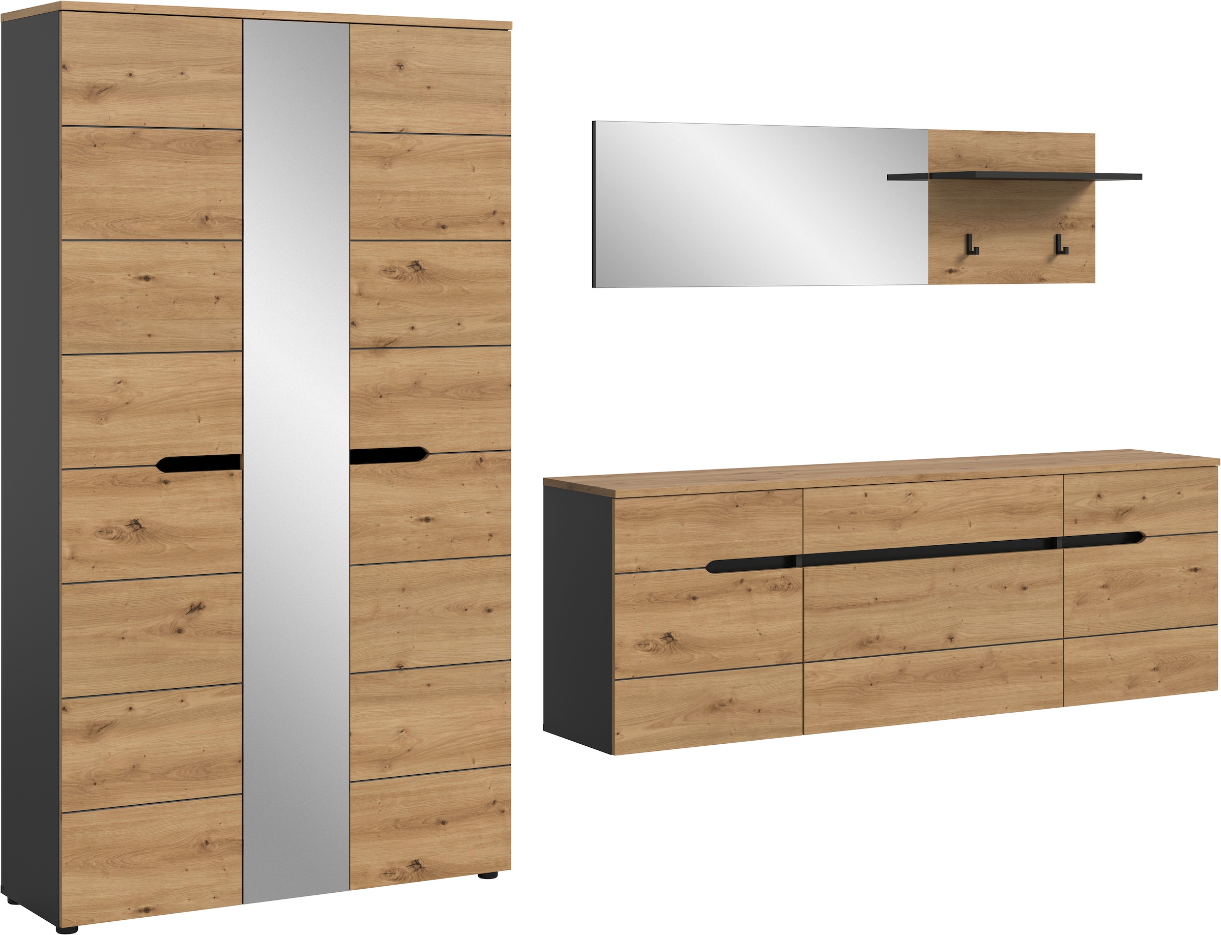 Home affaire Garderoben-Set »REHAT, TOPSELLER!, 3-teilig, Breite 296 cm, individuell stellbar« Set, best. aus: Garderobenschrank, Hängeschrank & Garderobenpaneel, 3 Stk. tlg.