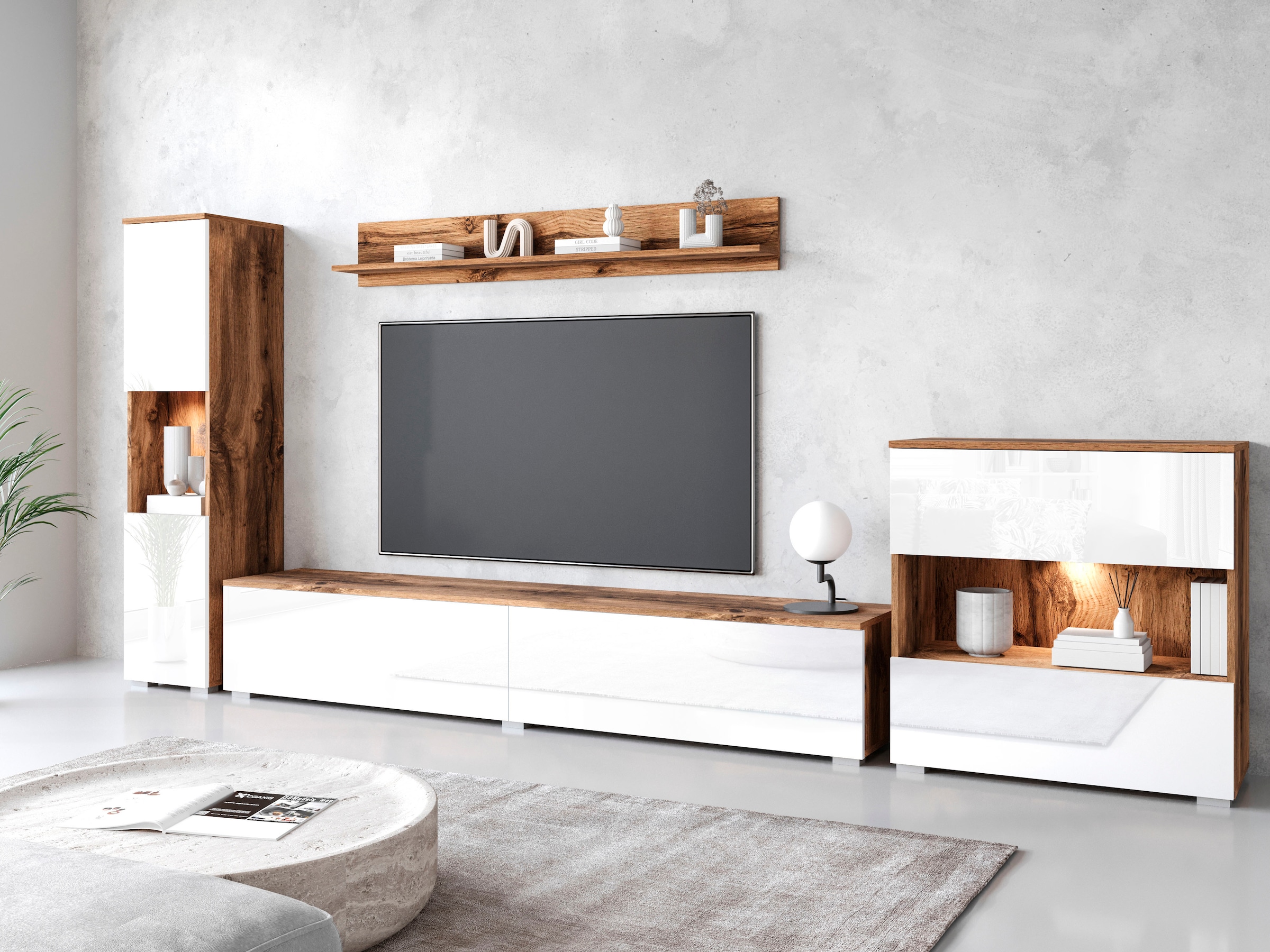 GOODproduct Wohnwand »PARIS, Vitrine Türanschlag links/rechts wechselbar« Komplett-Set, 4 Stk. tlg.