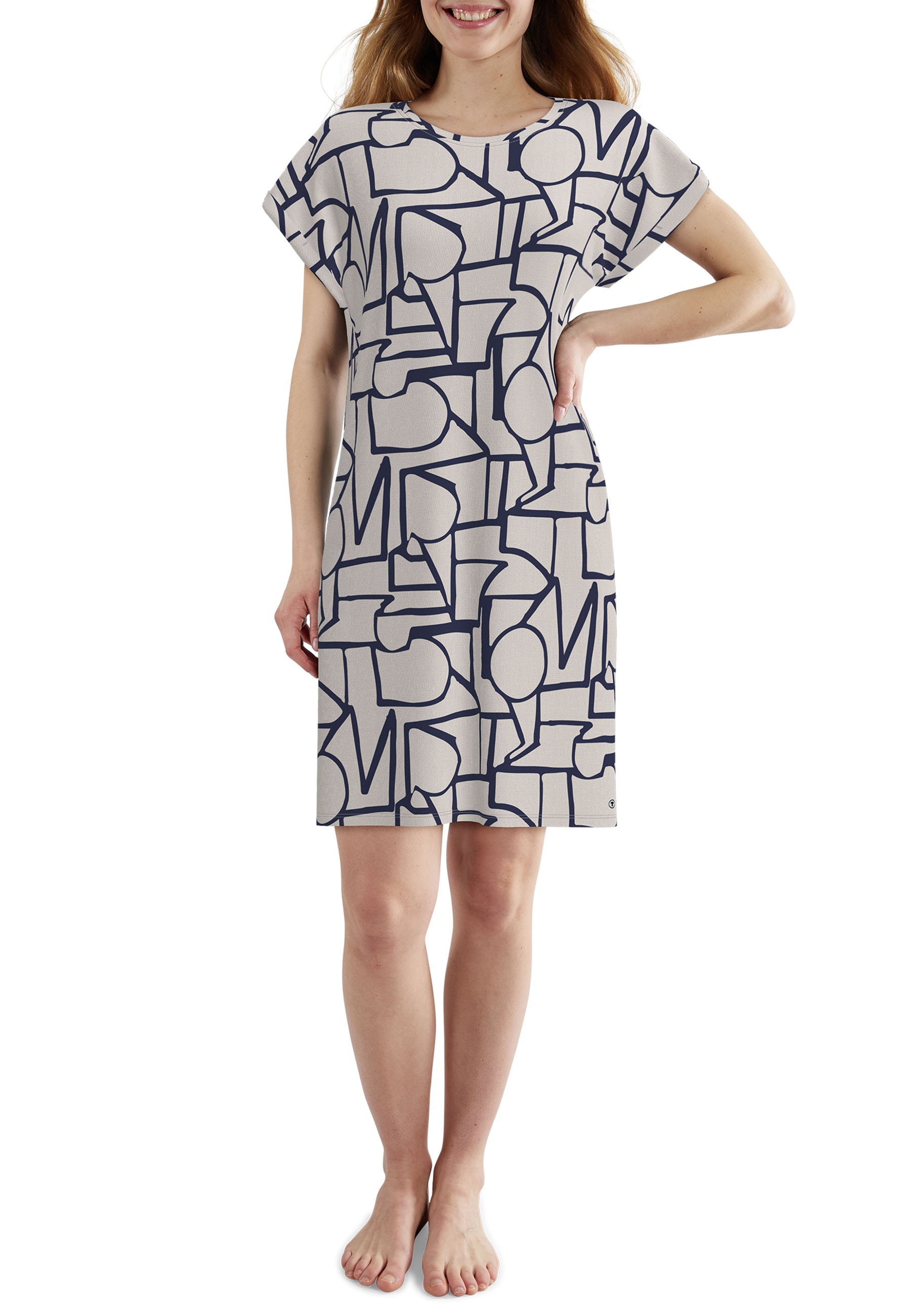 TOM TAILOR Chemise de nuit longueur genou, à motifs, manches courtes, col rond, mélange viscose