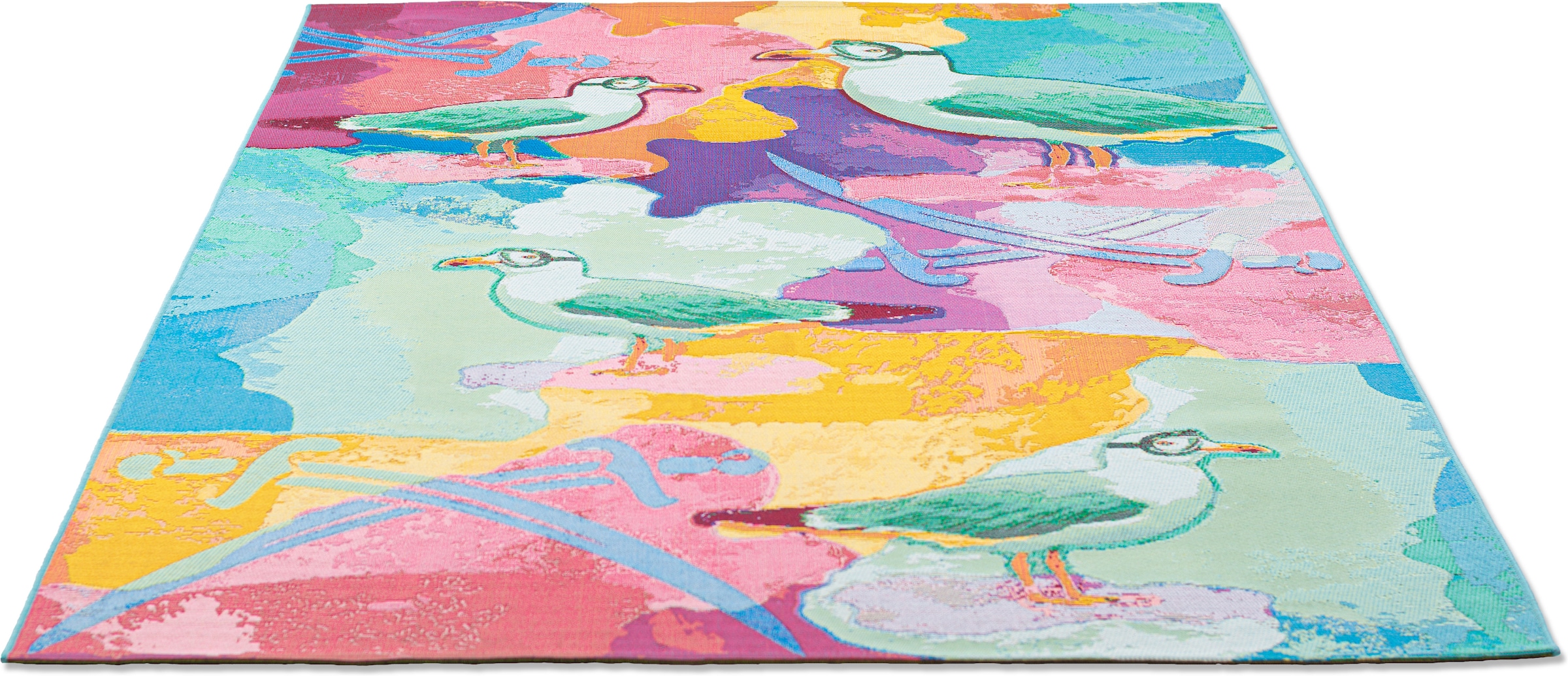 Sansibar Tapis »Rantum Beach SA-022« Rectangulaire 5 mm Höhe tissu plat, design moderne, motif mouettes, adapté intérieur et extérieur