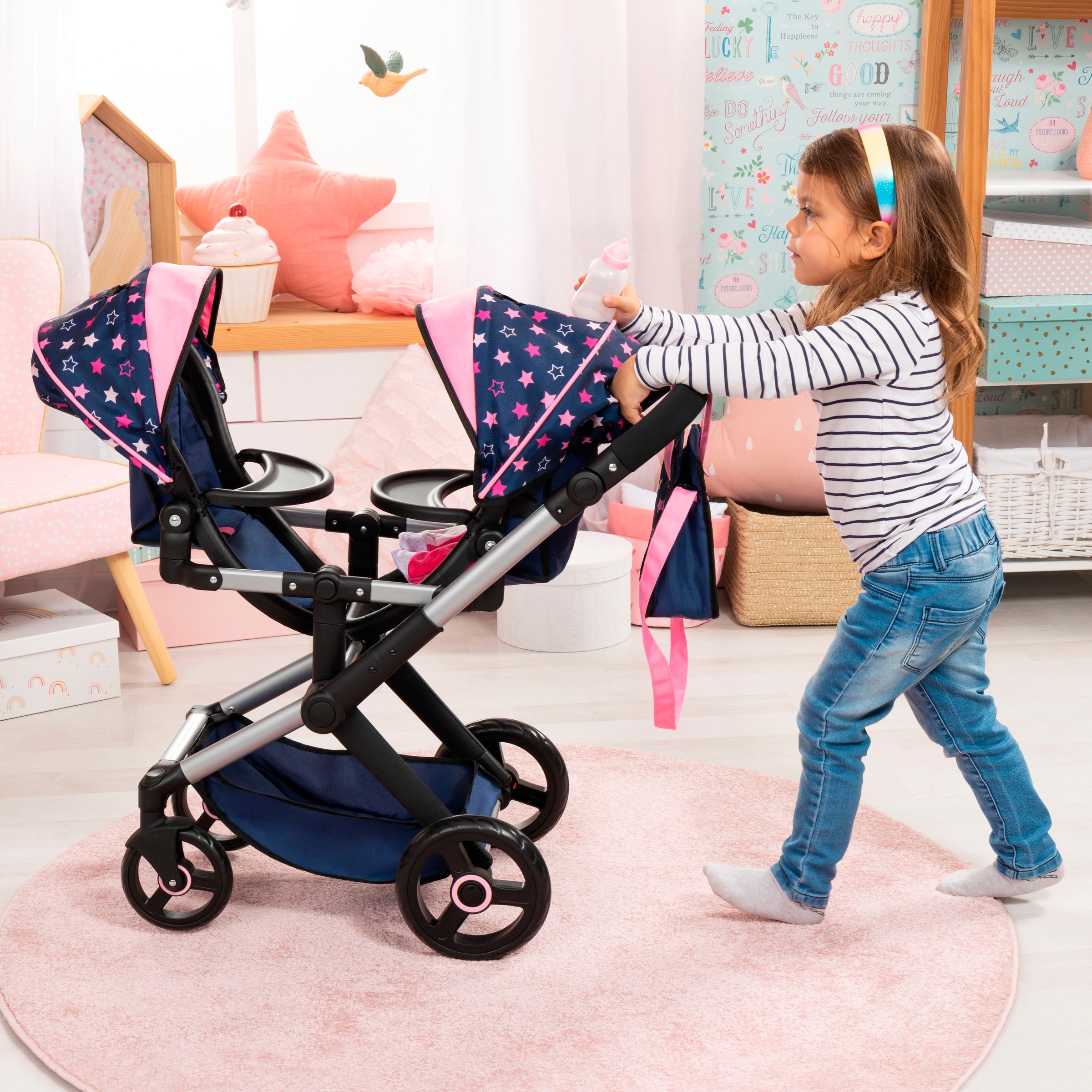 Bayer Puppen-Zwillingsbuggy »Xeo Twin blau/pink« mit Wickeltasche