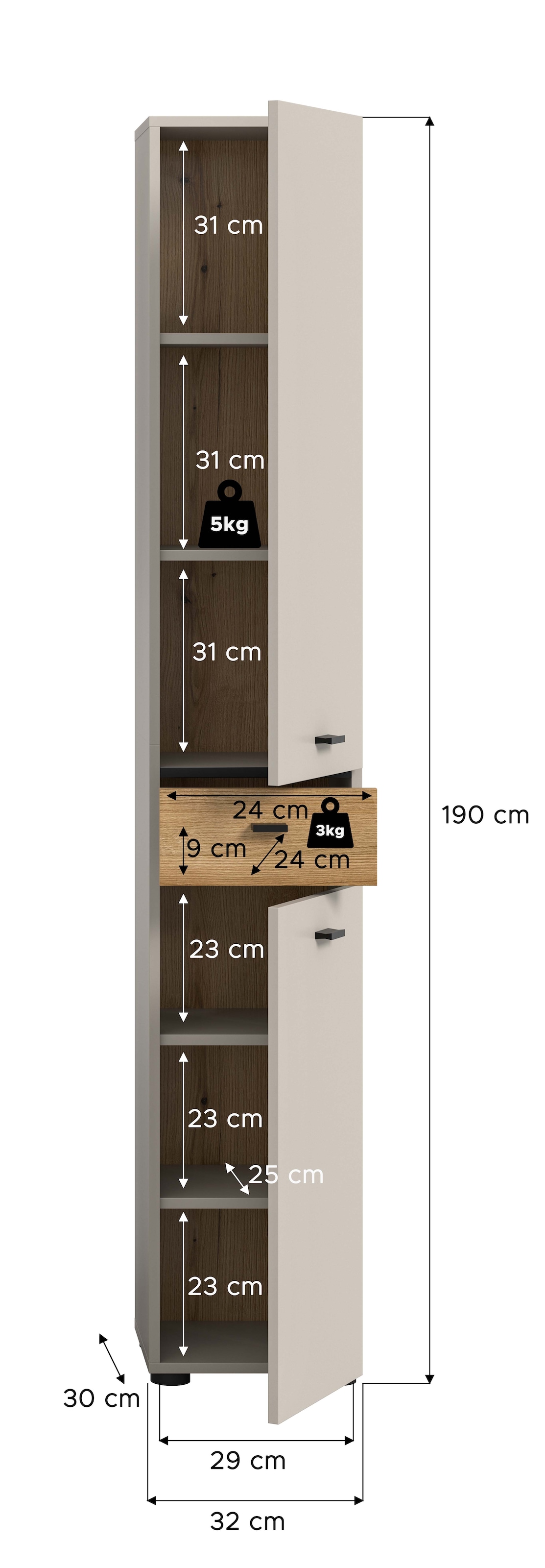 welltime Armoire haute »VANN, Höhe 191cm, 2 Türen, 1 Schubkasten, Türanschlag wechselbar« individuell mit weiteren Artikel der Serie VANN kombinierbar,  Universalschrank, Mehrzweckschrank, Schrank, Badschrank, Badezimmer