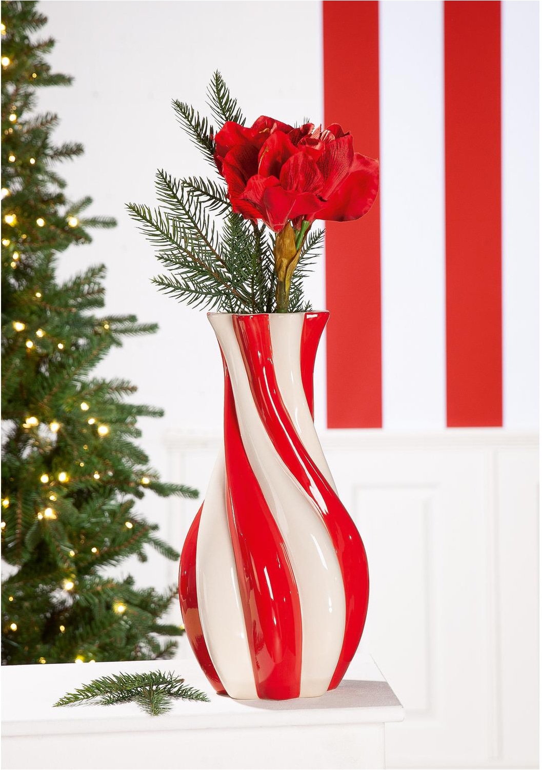 GILDE Vase de table »Vase, Kegel, "Candy", gestreift, Keramik, creme, rot« Vase Candy, vase décoratif moderne, tendance, objet accroche-regard, idée cadeau