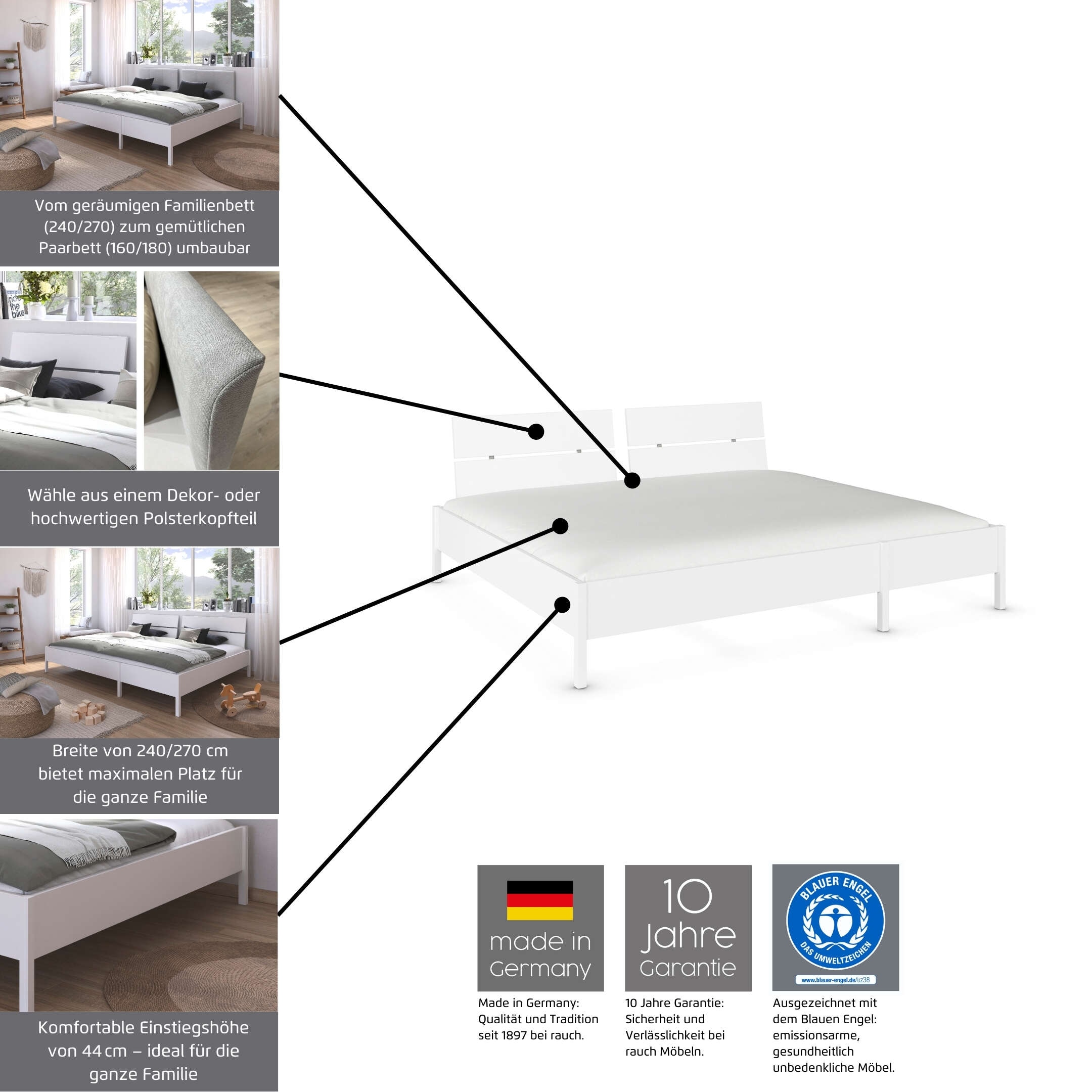 rauch Lit »Familienbett XXL Familiengrösse Ehebett Doppelbett umbaubar« Possibilité flexible de transformation en lits simples,  240x200 cm et 270x200 cm - avec ou sans tête de lit MADE IN GERMANY