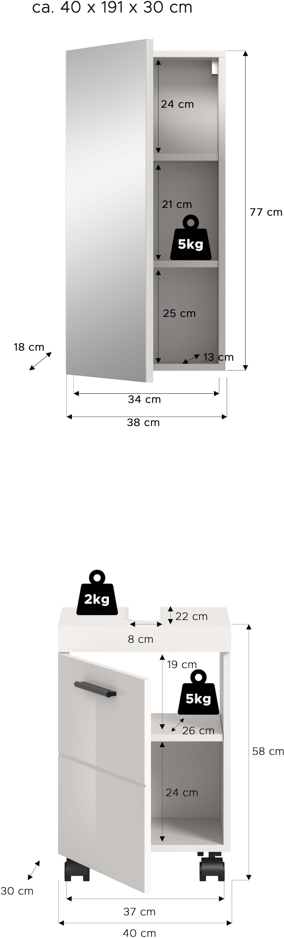 welltime Ensemble de meubles de salle de bain »AVON, Breite 40 cm, 2-teilige moderne Badkombination, auf Rollen« bestehend aus: Waschbeckenunterschrank & Spiegelschrank, 2 cuis tlg.
