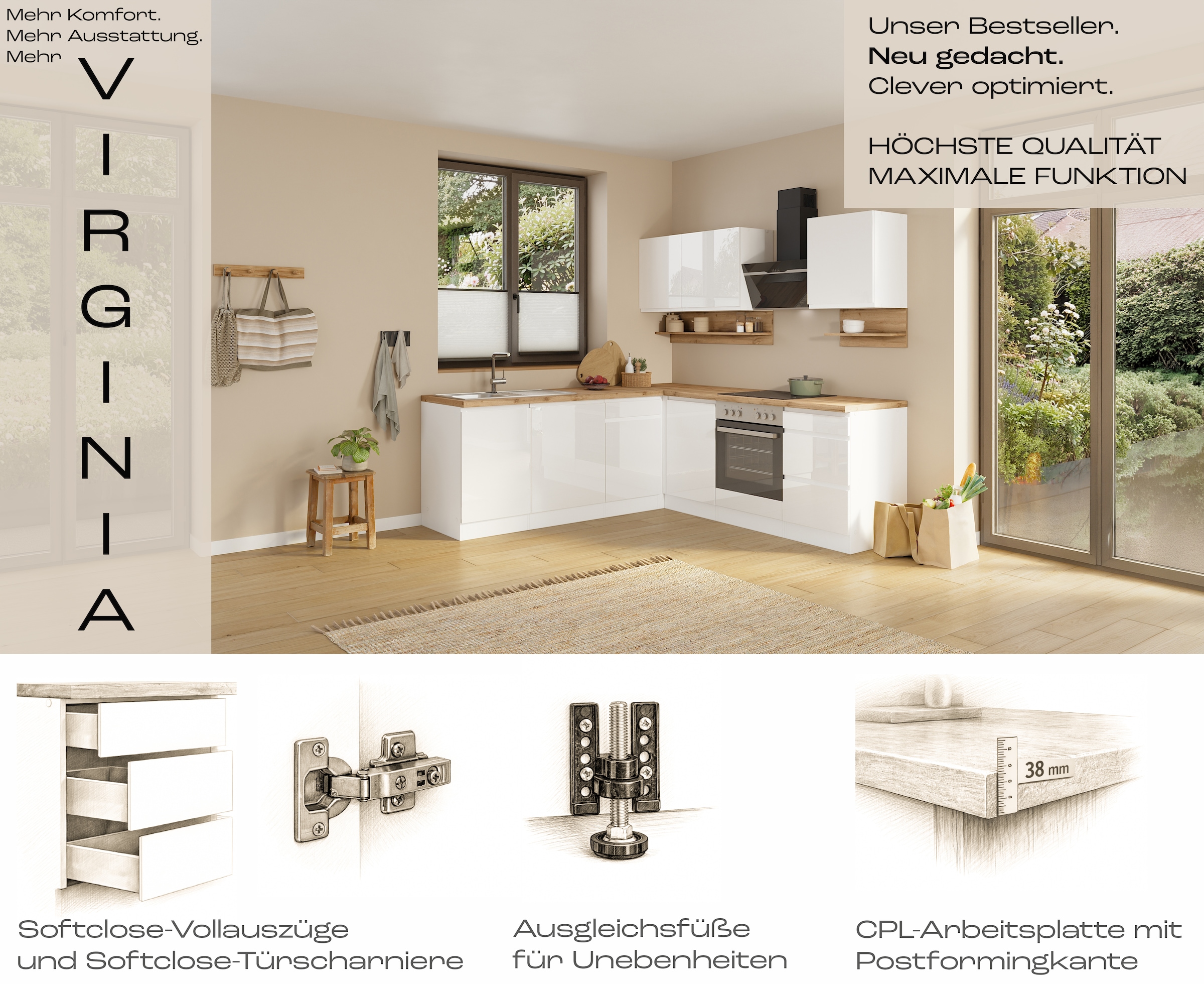 KOCHSTATION Cuisine d'angle »KS-Virginia,neu in verbesserter Ausführung« plan de travail épaisseur 38 mm, rangement, fermeture douce,  largeur réglable 230/190 cm, fermeture douce, avec appareils électriques en option