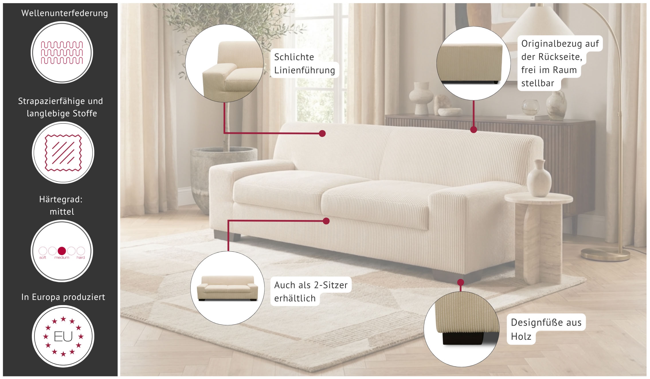 GOODproduct 3-places »Faxxe 212 x 85 cm, auch mit Schlaffunktion« en tissu doux et facile d'entretien