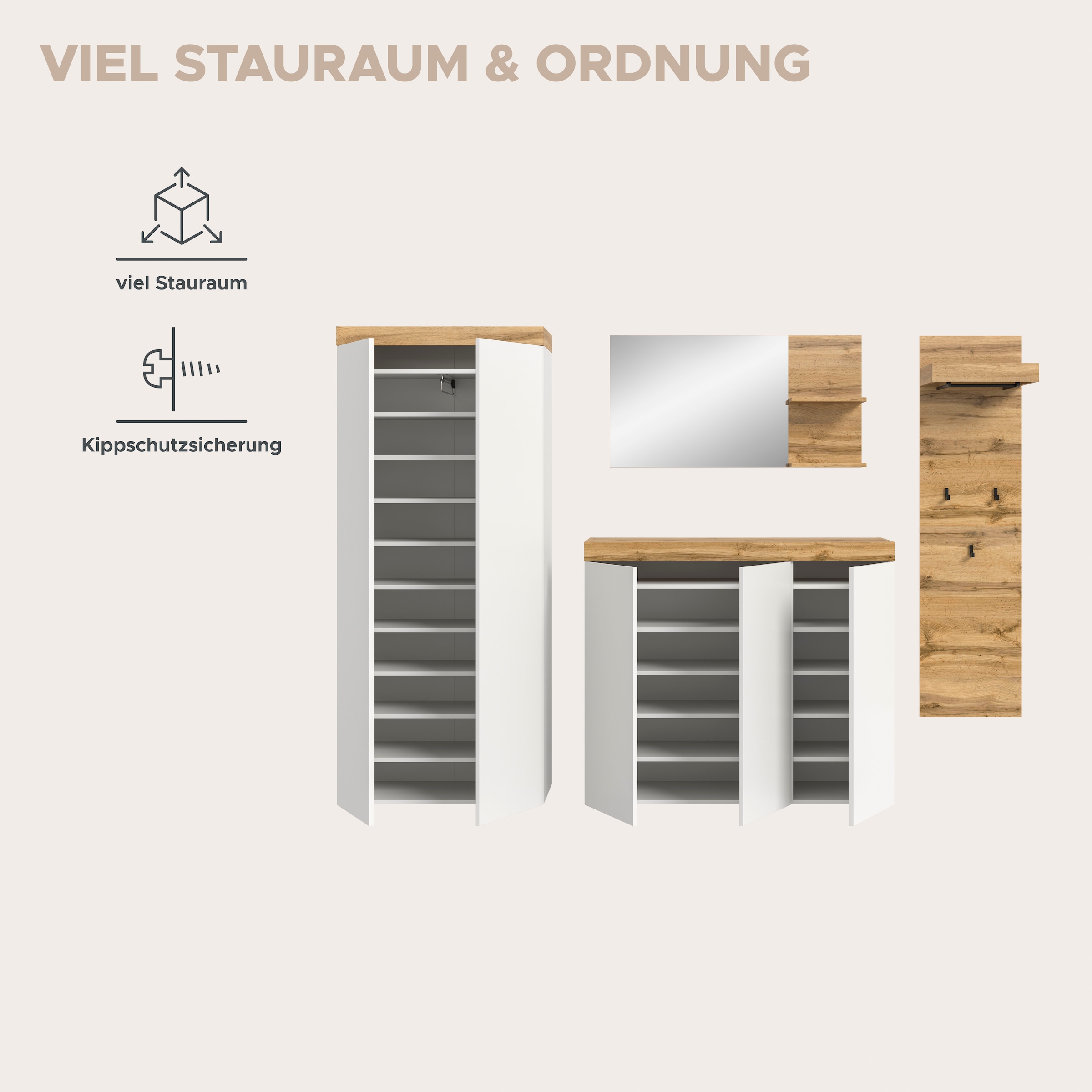 GOODproduct Garderoben-Set »MAMBO, 4-teilige Kombination, stehend & hängend montierbar« bestehend aus: Garderobenschrank, Kommode, Spiegel, Garderobenpaneel, 4 Stk. tlg.
