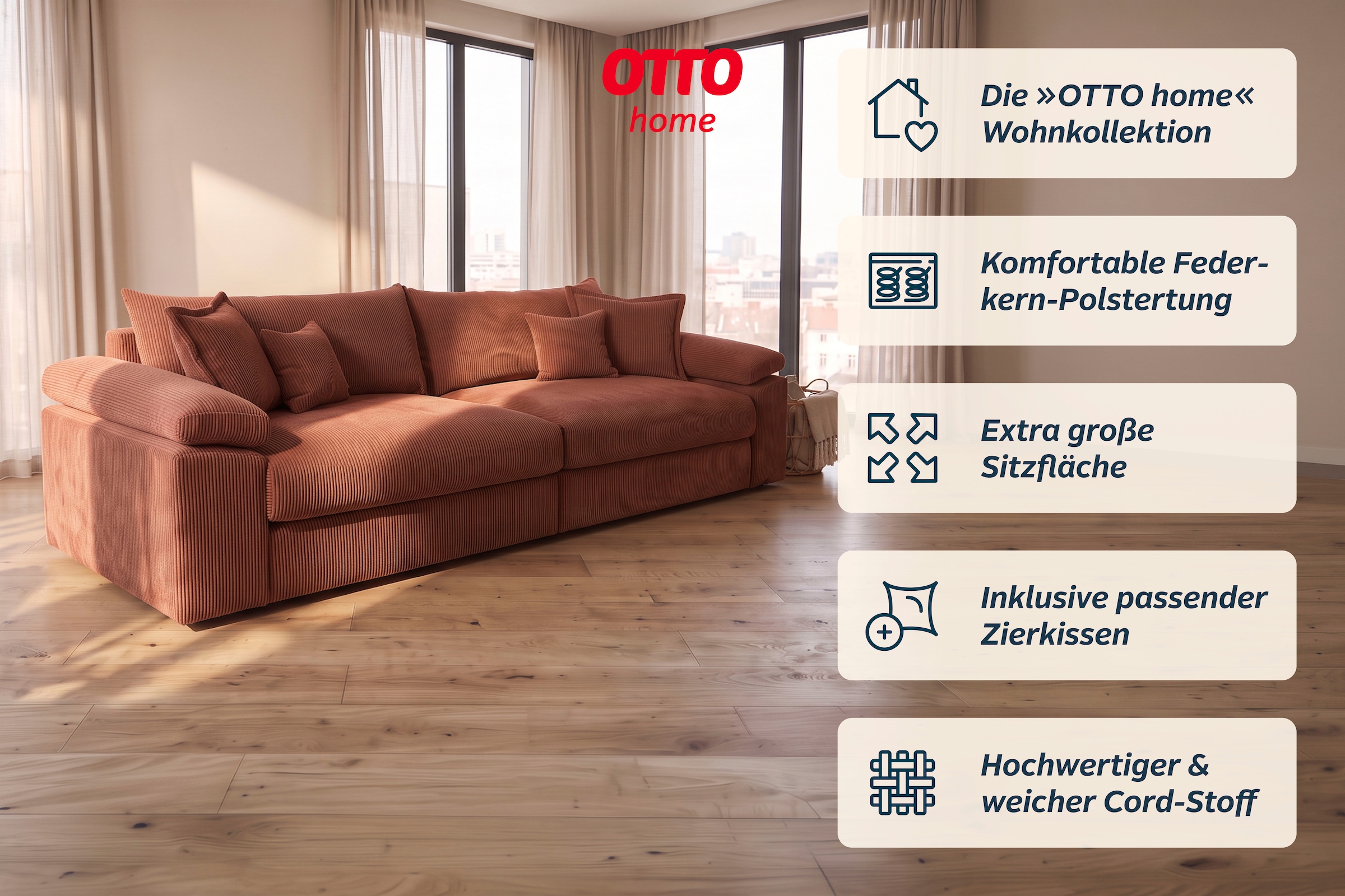 GOODproduct Big-Sofa »Soft&Cosy XXL, B: 303 cm - OTTO. Verlässliche Qualität.« Mega-Sofa, Cord oder Chenille-Struktur, mit Federkern & 4 Zierkissen