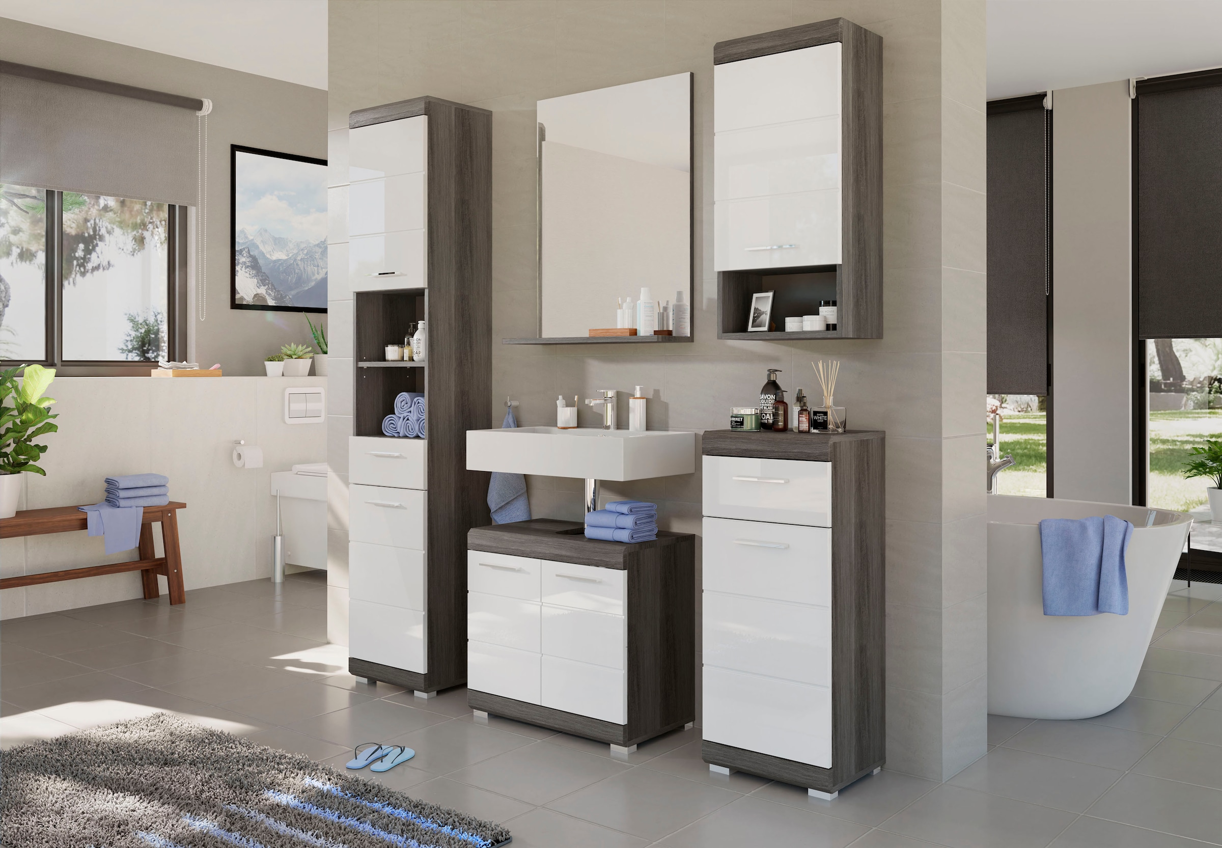 welltime Hochschrank »SIENA, Breite 37cm, 2 Tür, 1 Schubkasten, 2 offene Fächer, MDF-Front« TOPSELLER!, 1 Stk. tlg. in verschiedenen Farben erhältlich, Badmöbel, Badschrank, Schrank, Bad